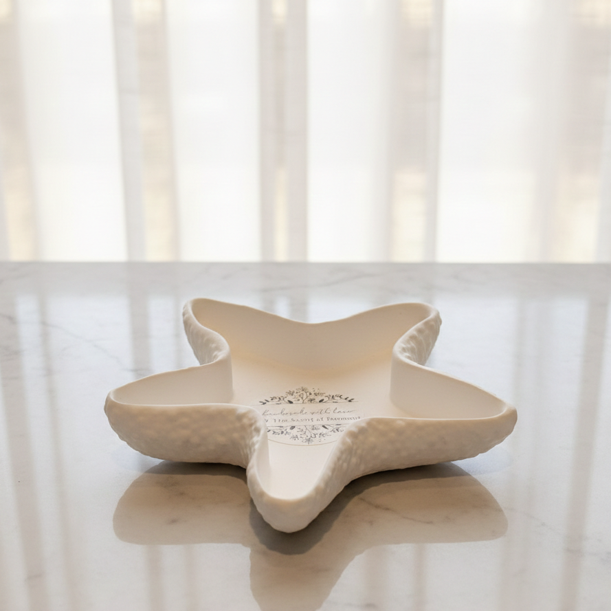 A light blue candle in a metal tin, a box of wooden matchsticks with blue tips, some matches scattered on a white surface, a blue notebook, and a bunch of purple flowers.