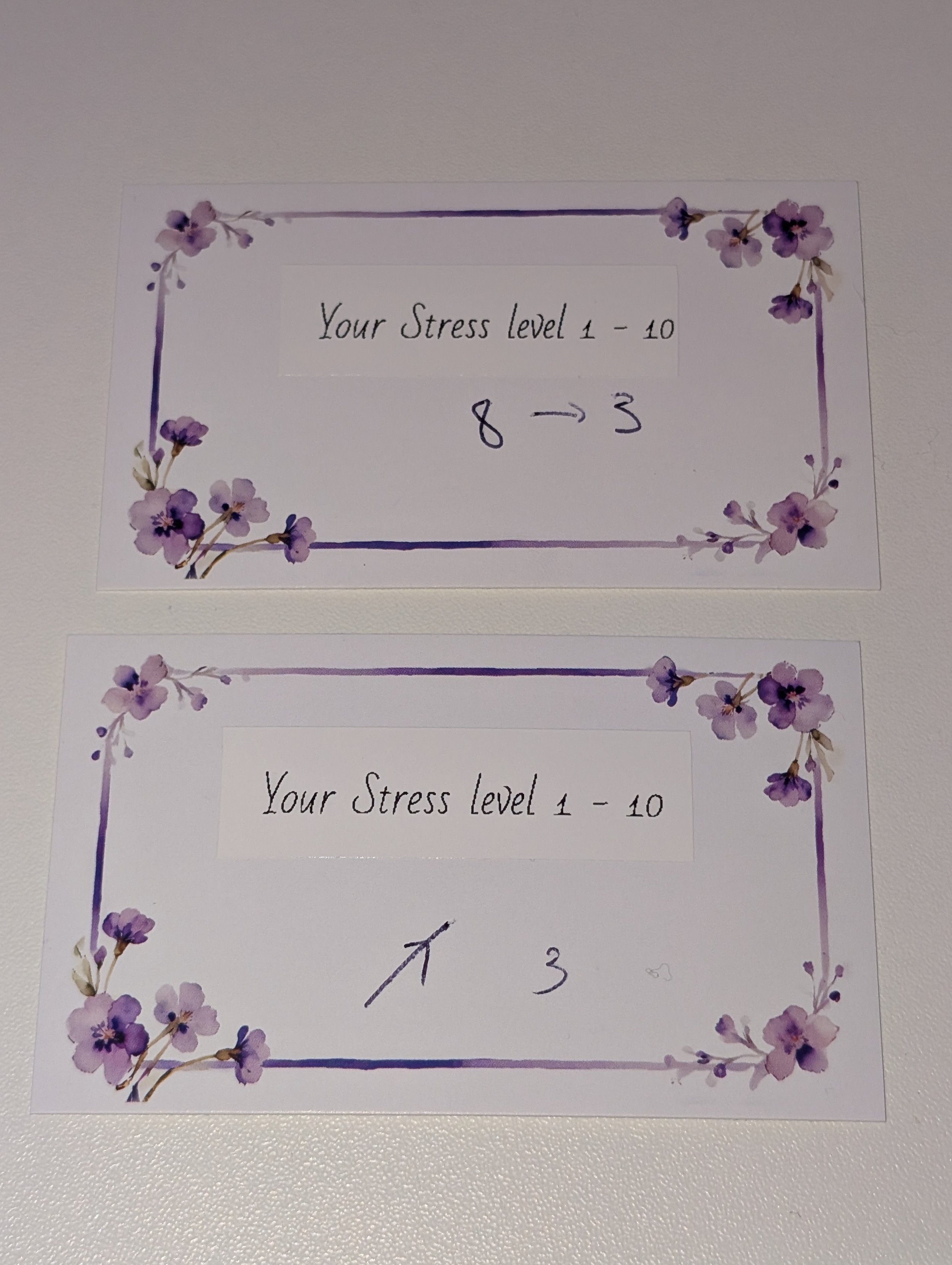 handwritten stress cards during the scent of burnout workshops