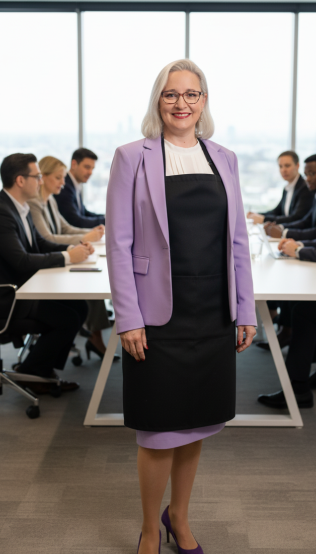A professional woman in a lavender blazer and black dress standing in front of a conference room with a large table and seated businesspeople.