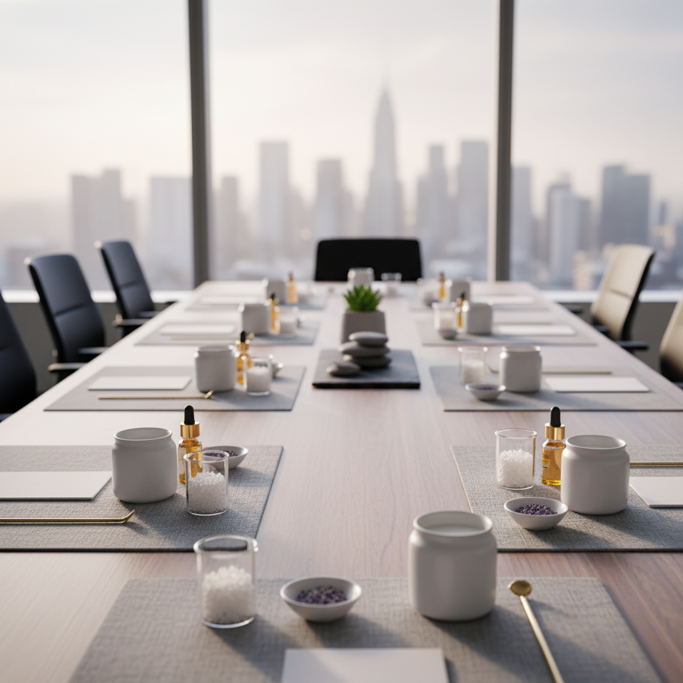 Conference room with a long table set with notepads, pens, small bowls, bottles, and a central plant, with city skyline view through large windows.