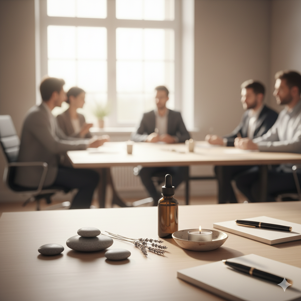 A meeting room with five people sitting around a table, blurred focus, large window behind them, and a table in the foreground with spa-like items such as stones, candles, a small bottle, lavender sprigs, and notebooks.