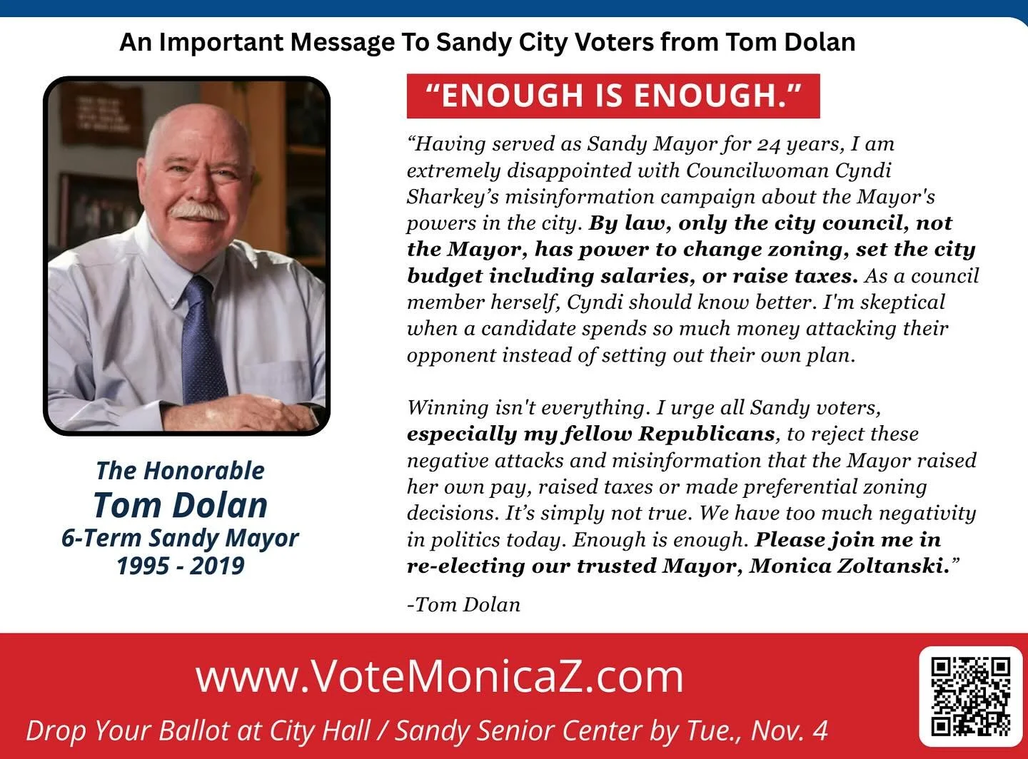 ➡️ Truth Matters in Sandy: Tom Dolan Calls Out Cyndi Sharkey&rsquo;s Misinformation Campaign &amp; Sets the Record Straight. Former Mayor Urges Voters - Especially Fellow Republicans - to Re-Elect Mayor Monica Zoltanski in this Important Message: 

&
