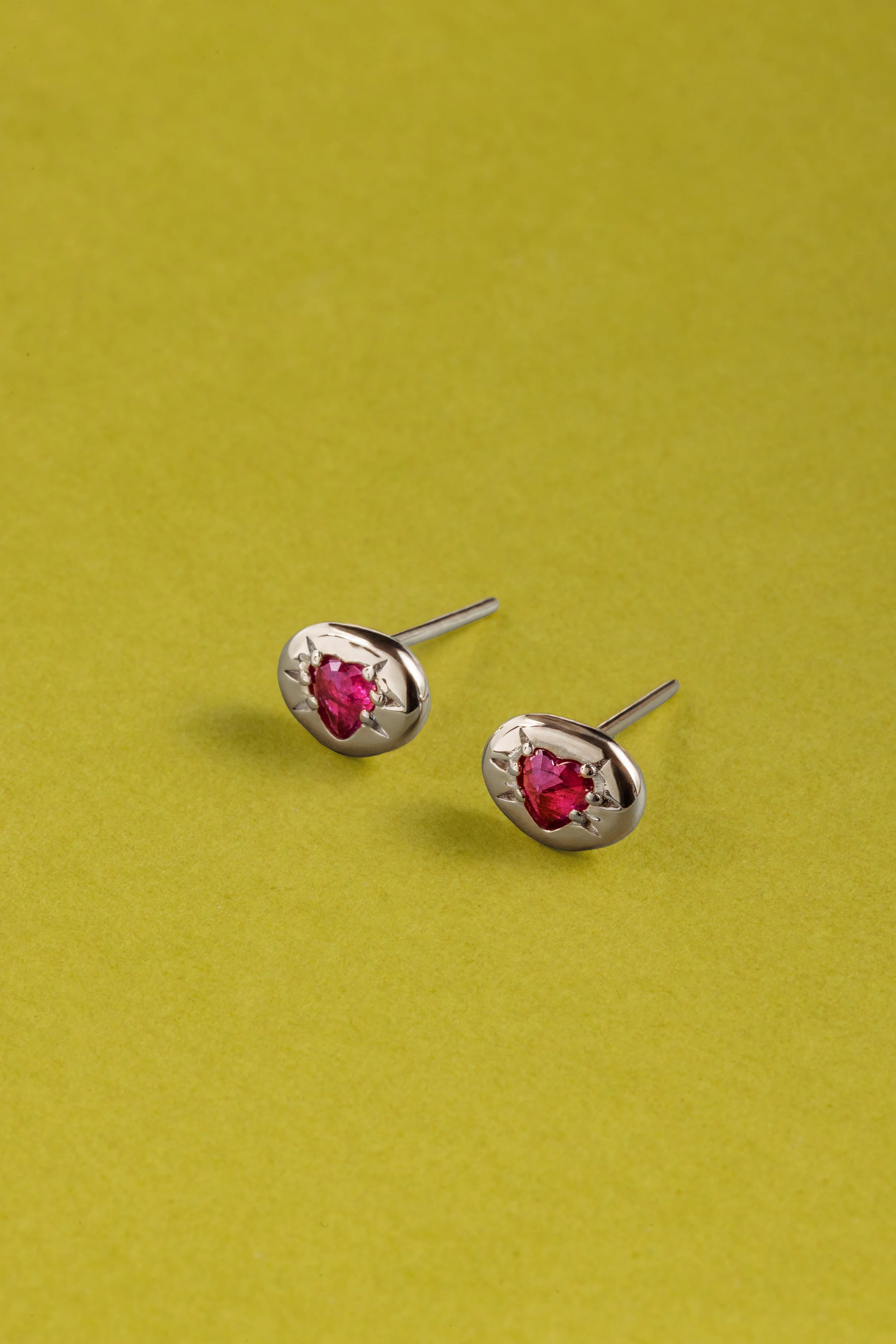 Star-Set Heart-Shaped Ruby Rose Cut Studs - Sterling Silver
