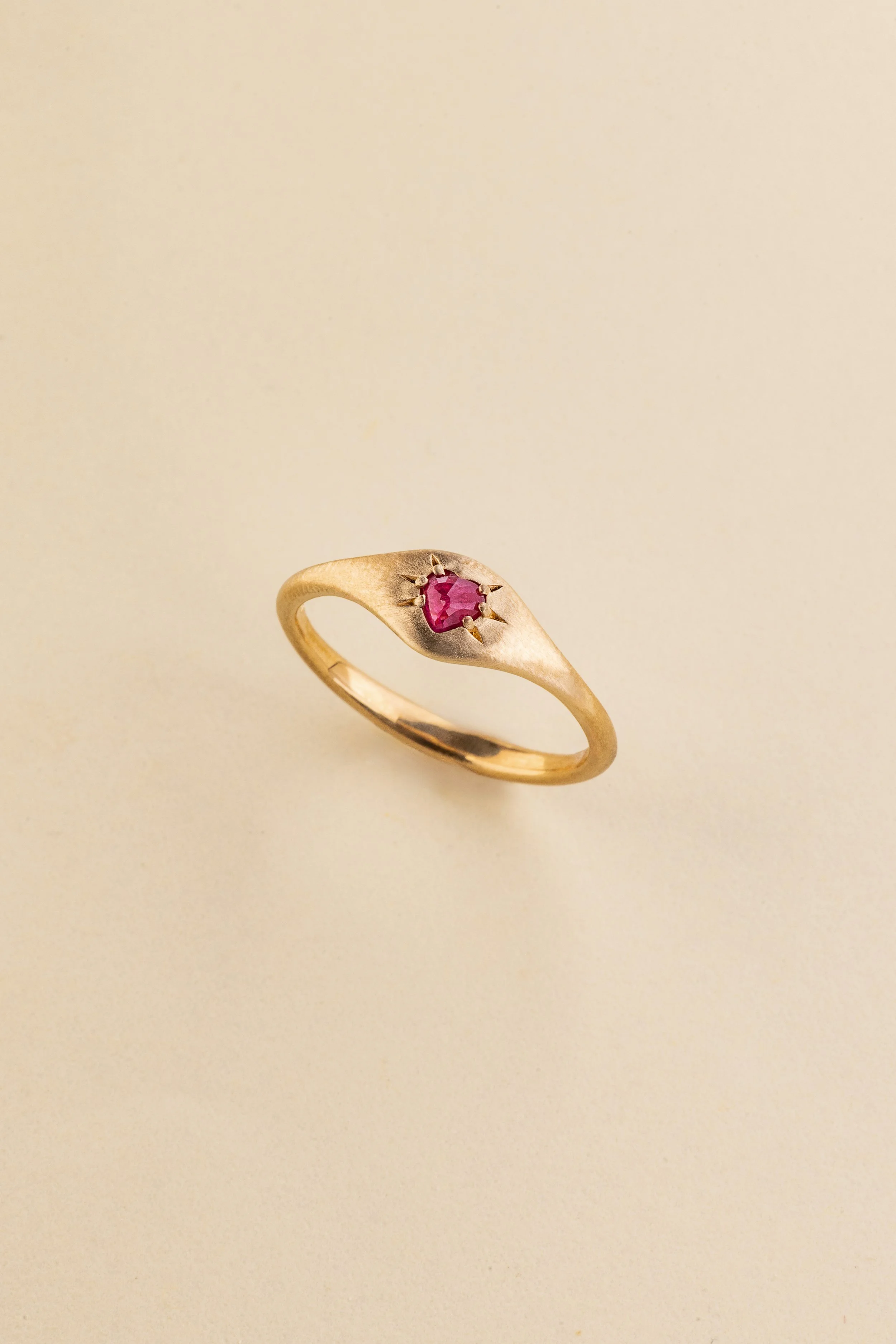 Star-Set Heart-Shaped Ruby Rose Cut Signet Ring - 14k Yellow Gold