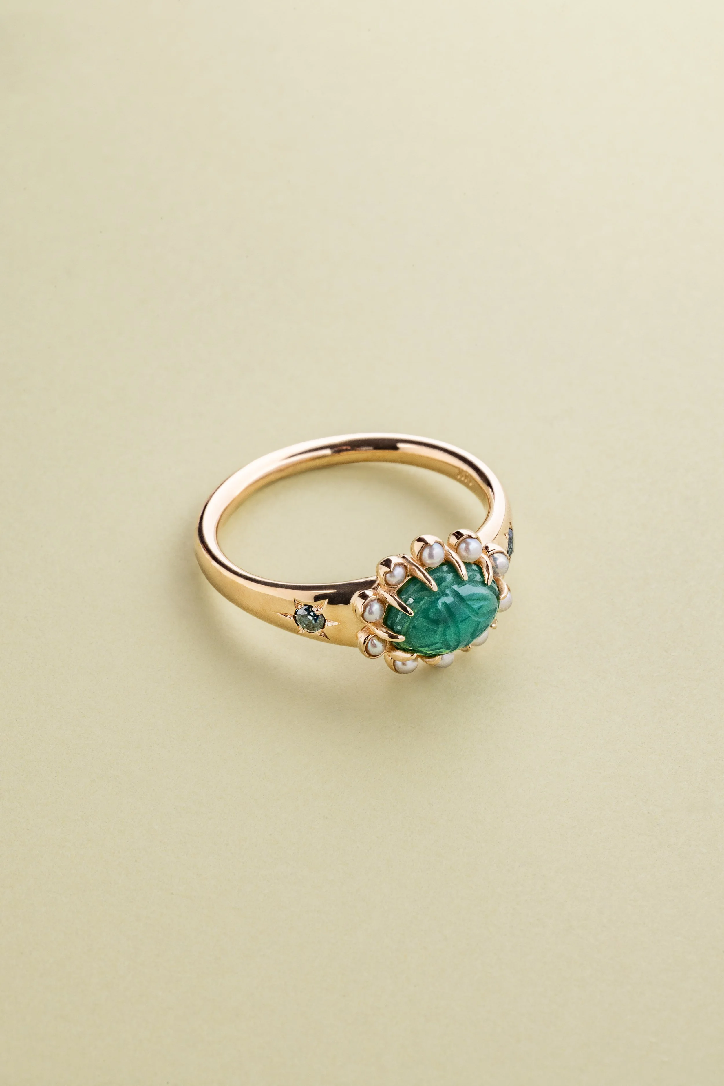 Antique Scarab Cabochon Ring with Seed Pearl Halo and Sapphire Side Stones - Green - 14k Yellow Gold