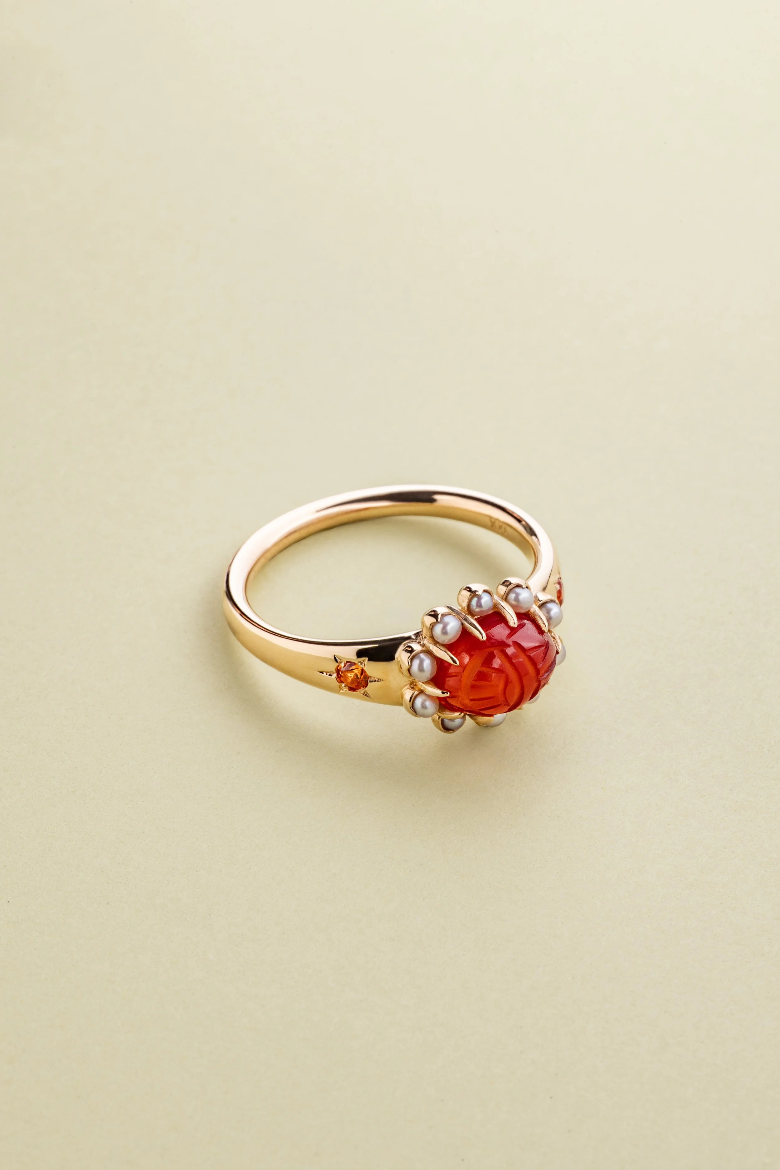 Antique Scarab Cabochon Ring with Seed Pearl Halo and Sapphire Side Stones - Orange - 14k Yellow Gold