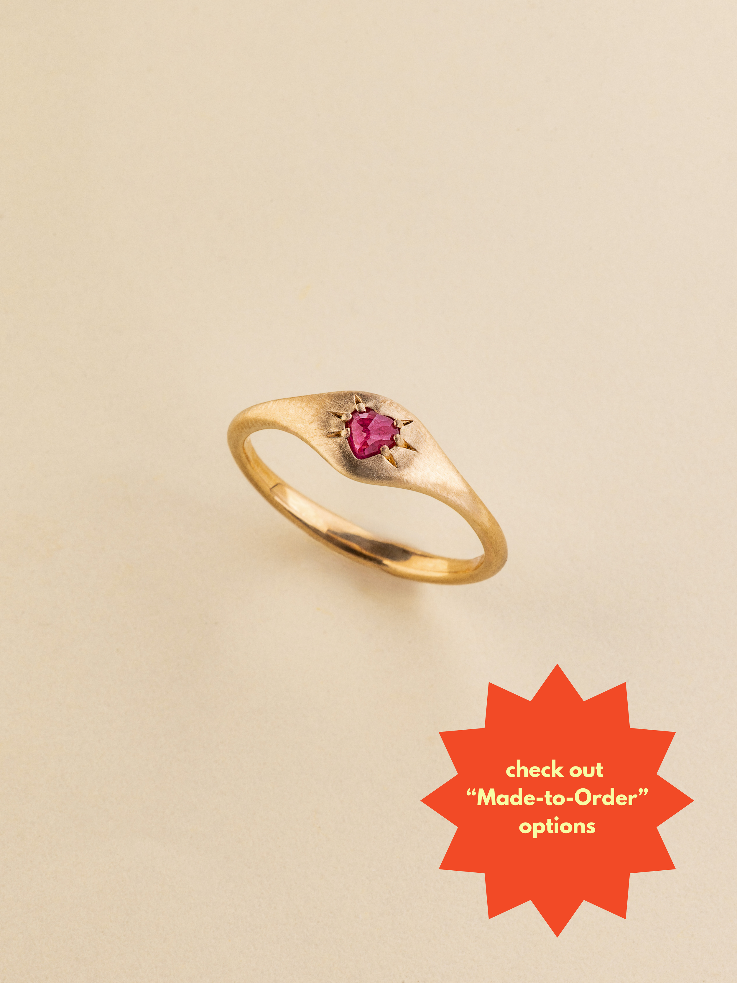 Star-Set Heart-Shaped Ruby Rose Cut Signet Ring - 14k Yellow Gold