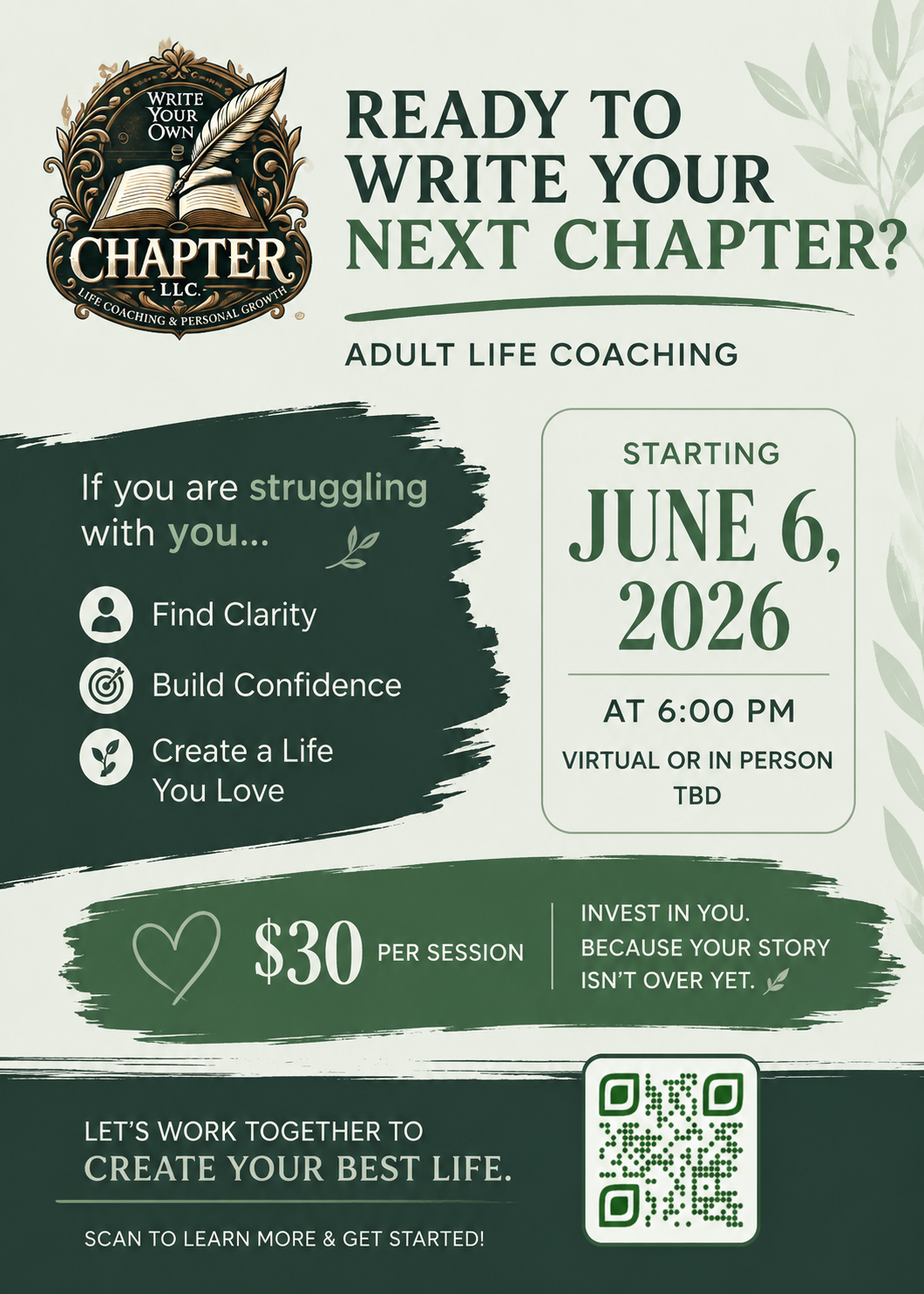 Adult Life Coaching starting June 6, 2026 at 6:00 PM.