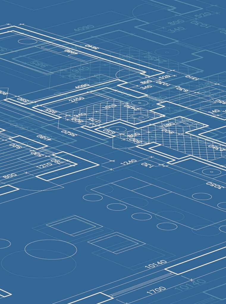 Blue digital blueprint with white technical drawings and measurements of a building or architectural plan.
