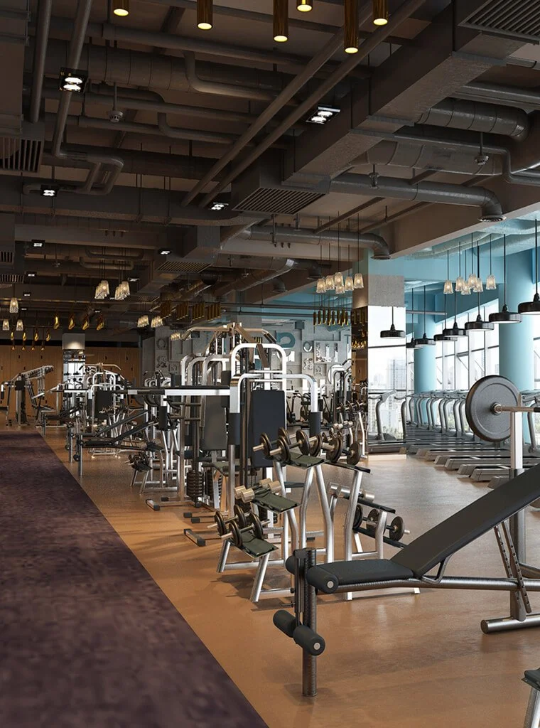 Empty modern gym with various workout equipment, including weight machines, benches, and treadmills, illuminated by ceiling lights and natural light from large windows.