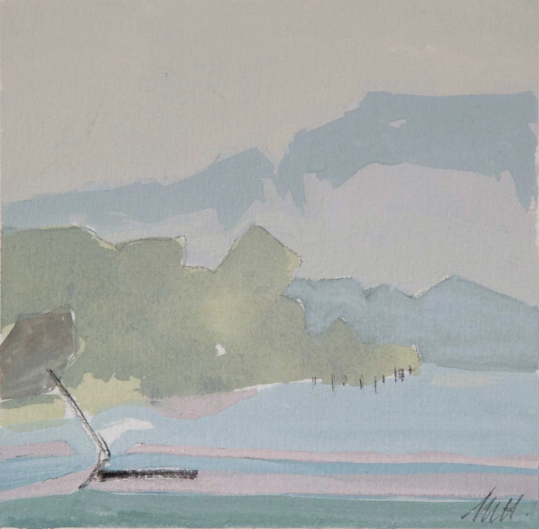 [ SOLD ] WAPENGO  – Gouache and graphite on paper. Oak framed. 12 x 12 cm $600. 