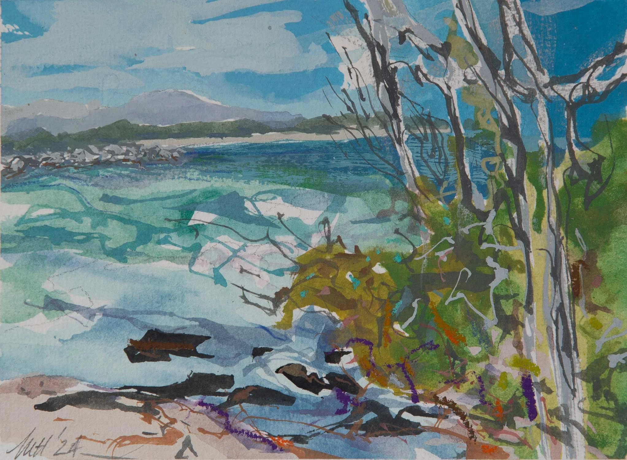 [ SOLD ] LOOKING NORTH – Gouache and oil crayon on paper. Oak framed. 12.5 x 17 cm $600