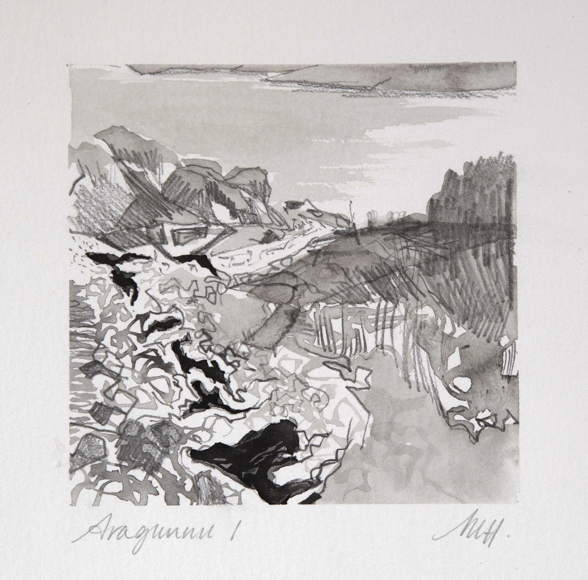 ARAGUNNU I – Ink and graphite on paper. 11.5 x 11.5cm Framed. $440 (or $1500 for set of four)