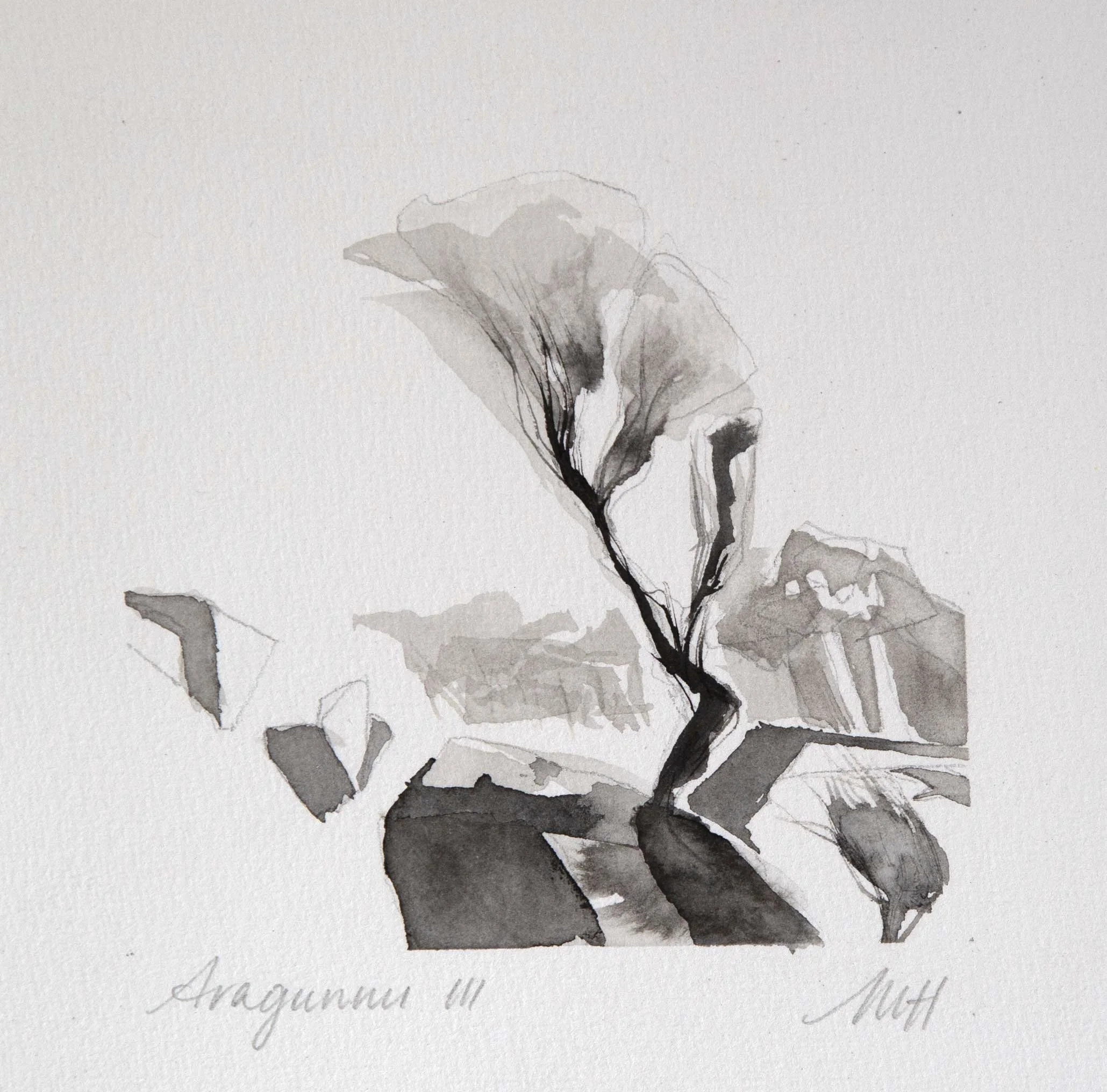 ARAGUNNU III – Ink and graphite on paper. 11.5 x 11.5cm Framed. $440 (or $1500 for set of four)