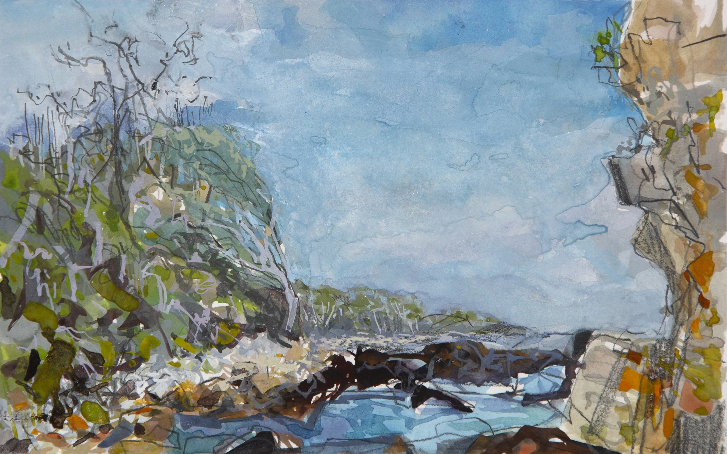 [ SOLD ] ARAGUNNU – Gouache and graphite on paper. Oak framed. 13.4 x 21cm $600