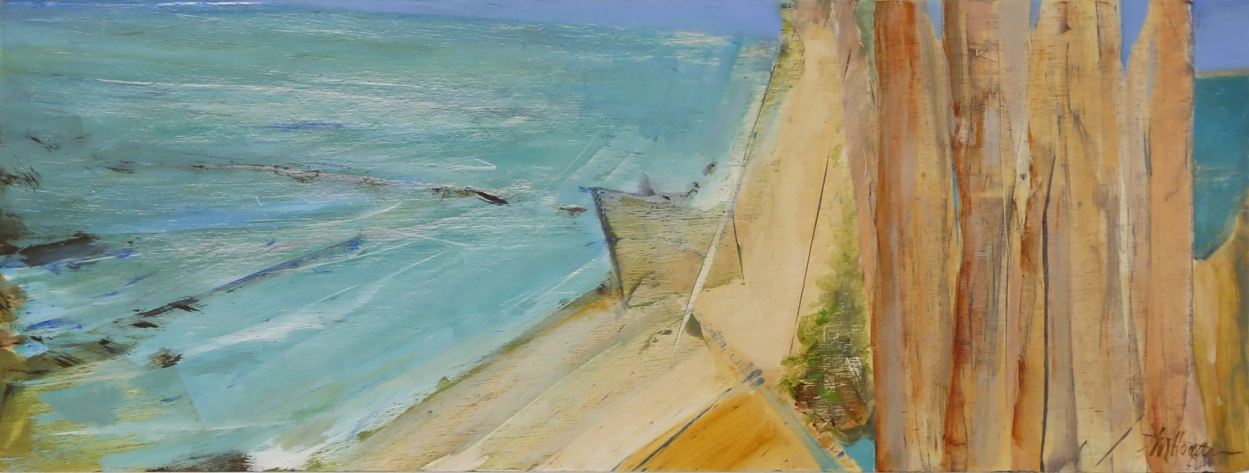FOREST MEETS SEA II – 
Acrylic, pigment and oil on board 23 x 62cm  $1550