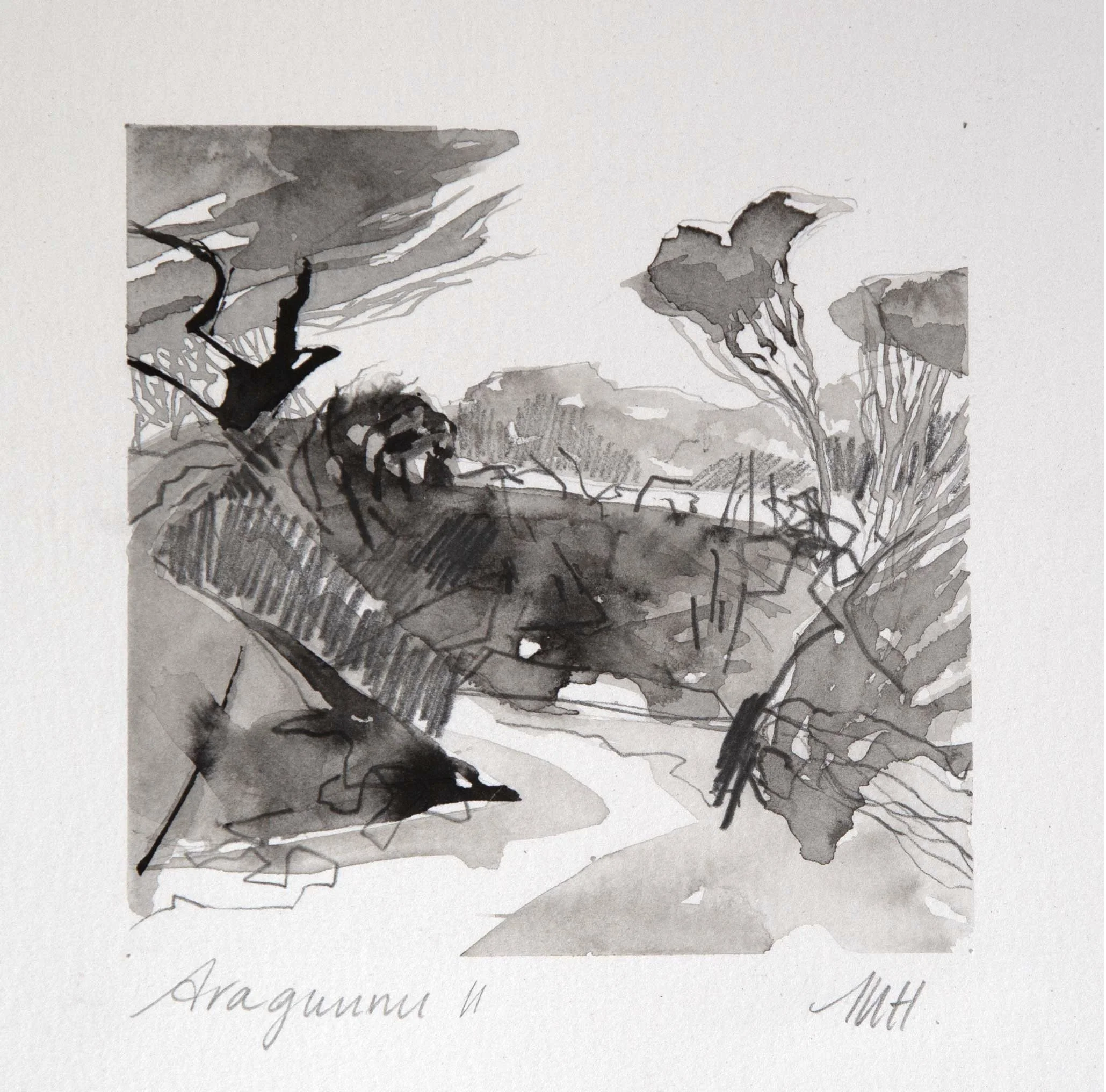 ARAGUNNU II – Ink and graphite on paper. 11.5 x 11.5cm Framed. $440 (or $1500 for set of four)