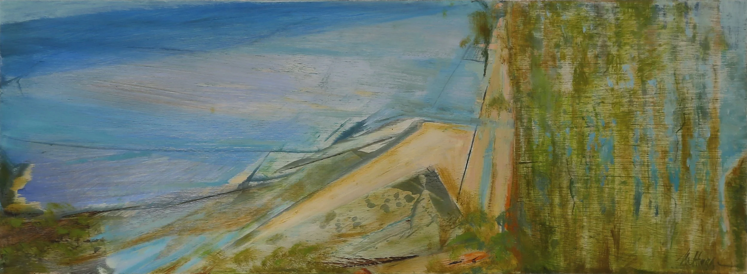 FOREST MEETS SEA – 
Acrylic, pigment and oil on board 23 x 62cm  $1550