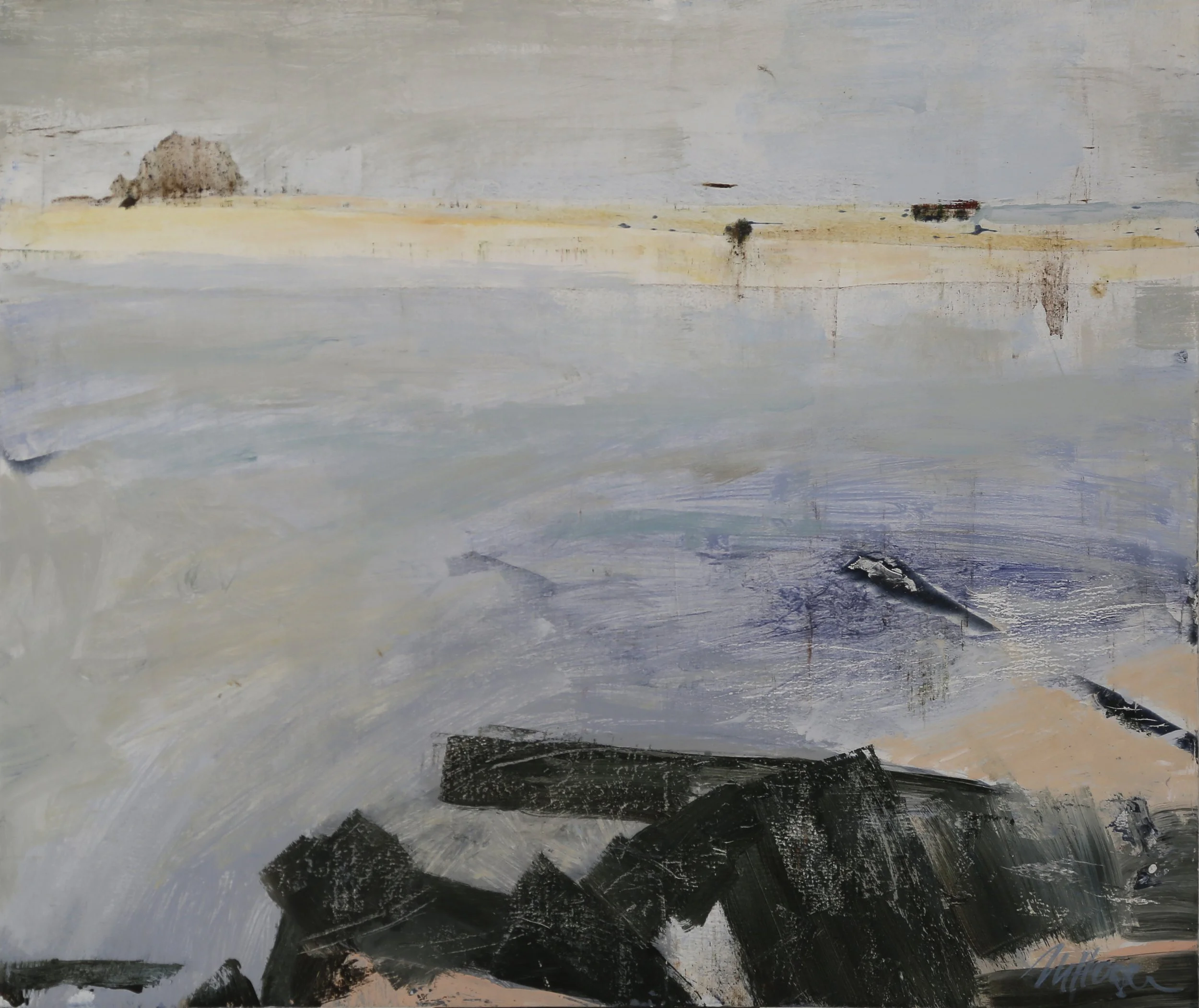 [ SOLD ] ALONE IN A LANDSCAPE –
Acrylic and pigment on board 32.5 x 39 cm  $1100