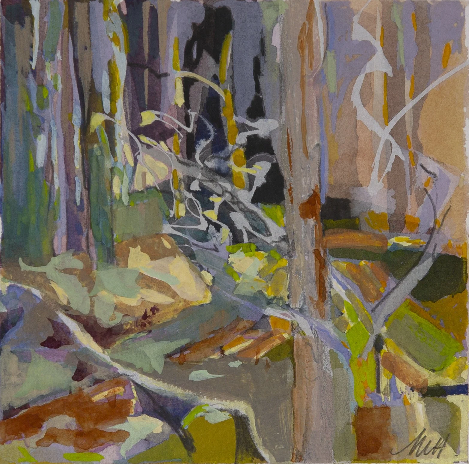 [ SOLD ] THE FOREST – Gouache and graphite on paper. Oak framed. 11.4 x 11.4 cm $600