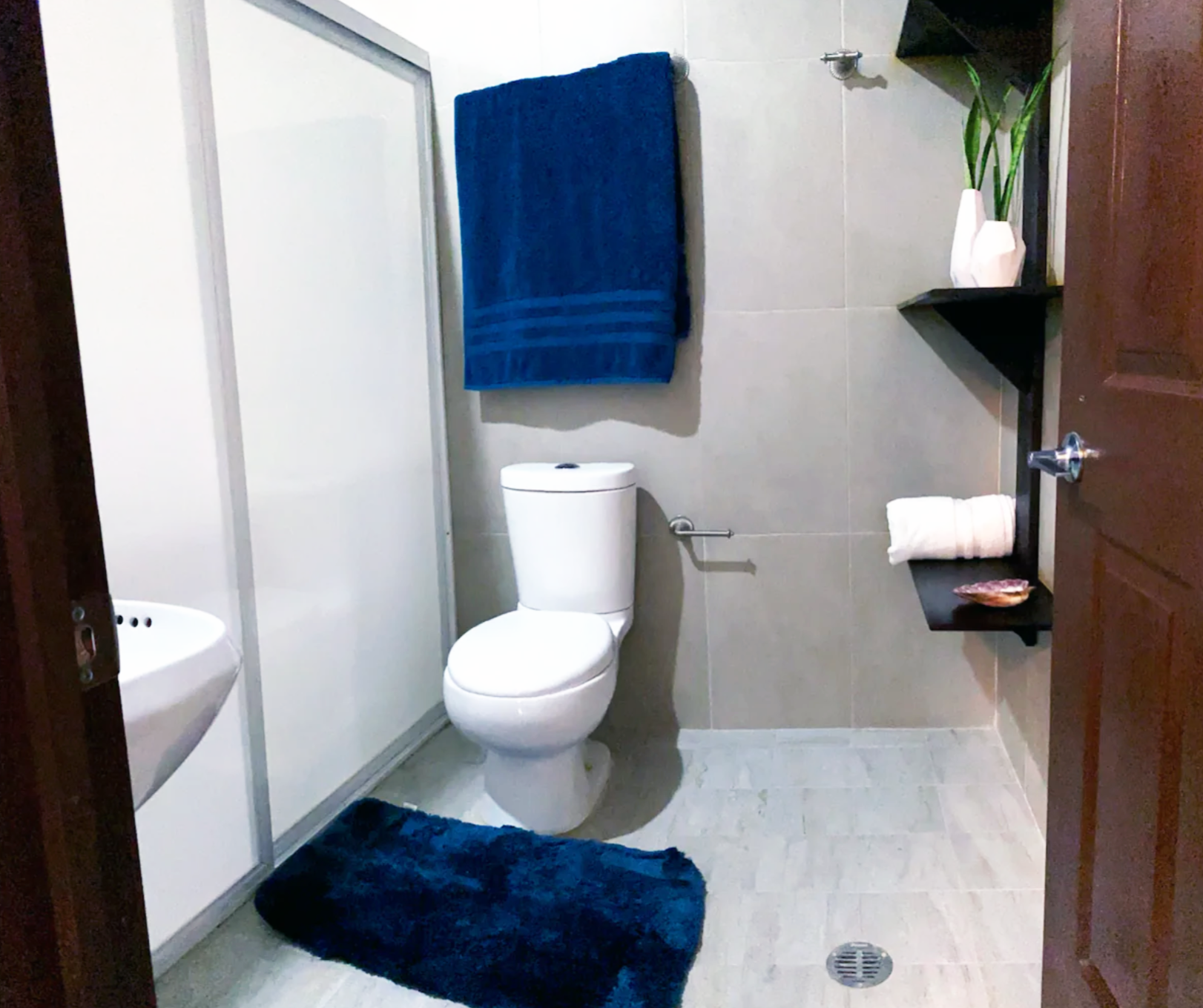 Modern bathroom with toilet, shower area with glass door, sink partially visible, dark blue towel and rug, wall shelves with white rolled towel, decorative vase, and plant, open wooden door.