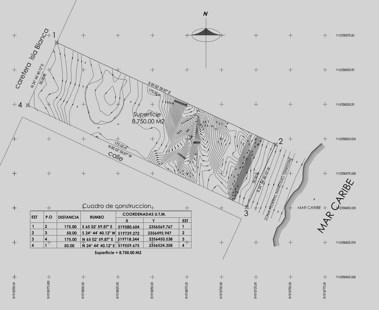Topographical map of a plot of land with contour lines, boundary measurements, and labels indicating its size (8,750 square meters), with a coastal boundary labeled "Mar Caribe".