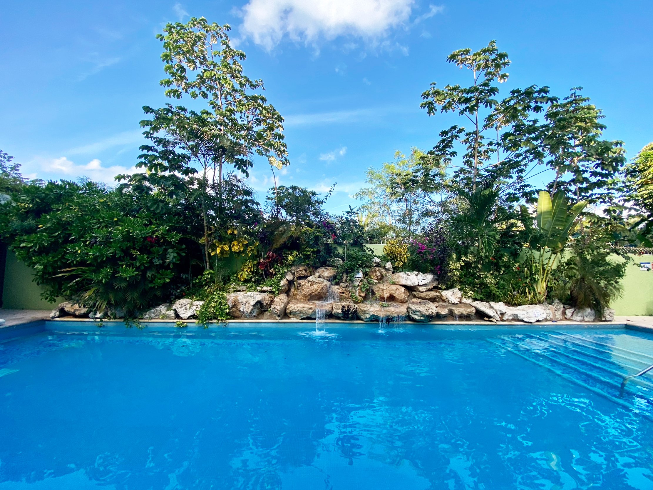 Swimming pool with waterfall, surrounded by lush tropical vegetation and blue sky.