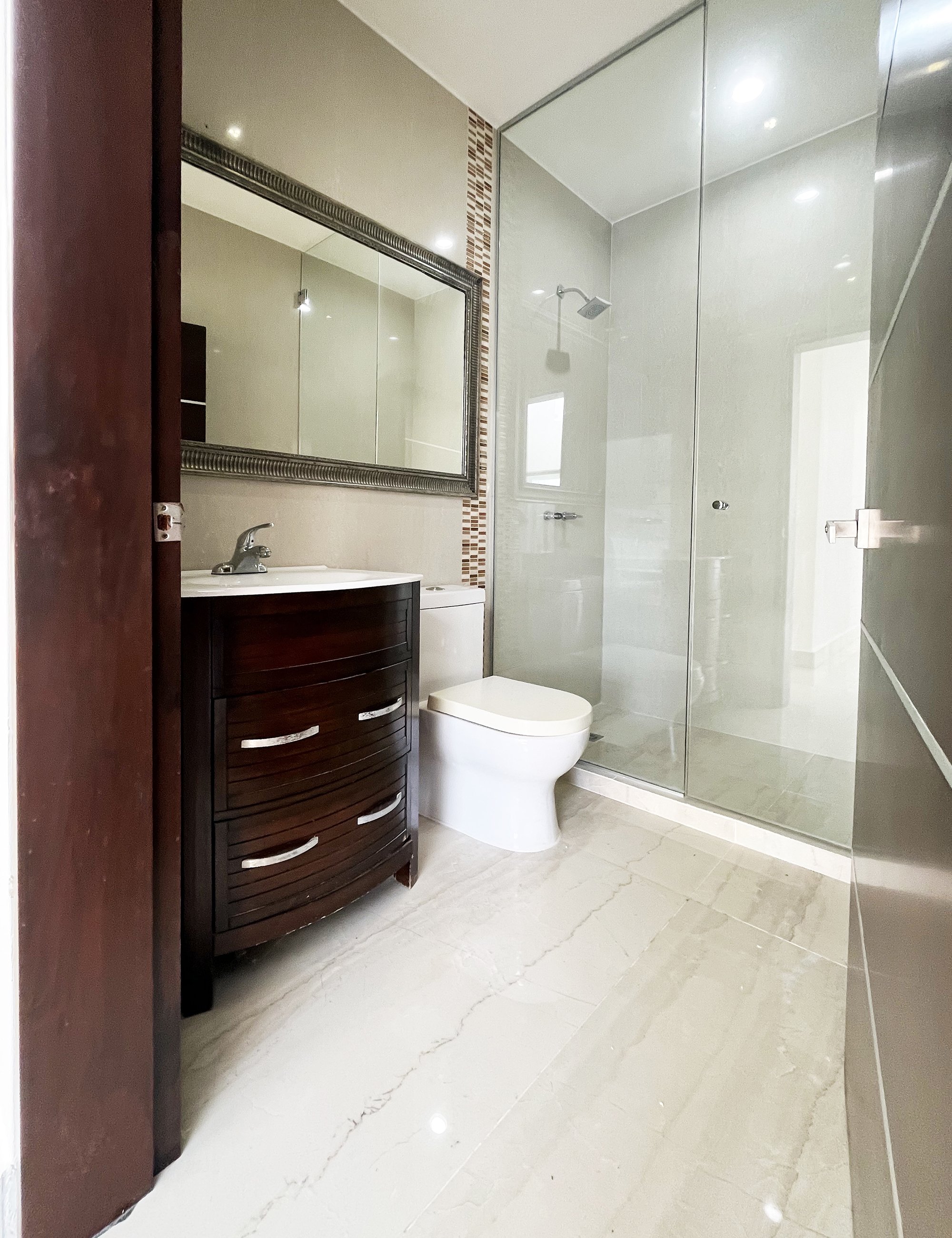 Modern bathroom with glass shower, toilet, and dark wooden vanity with mirror.