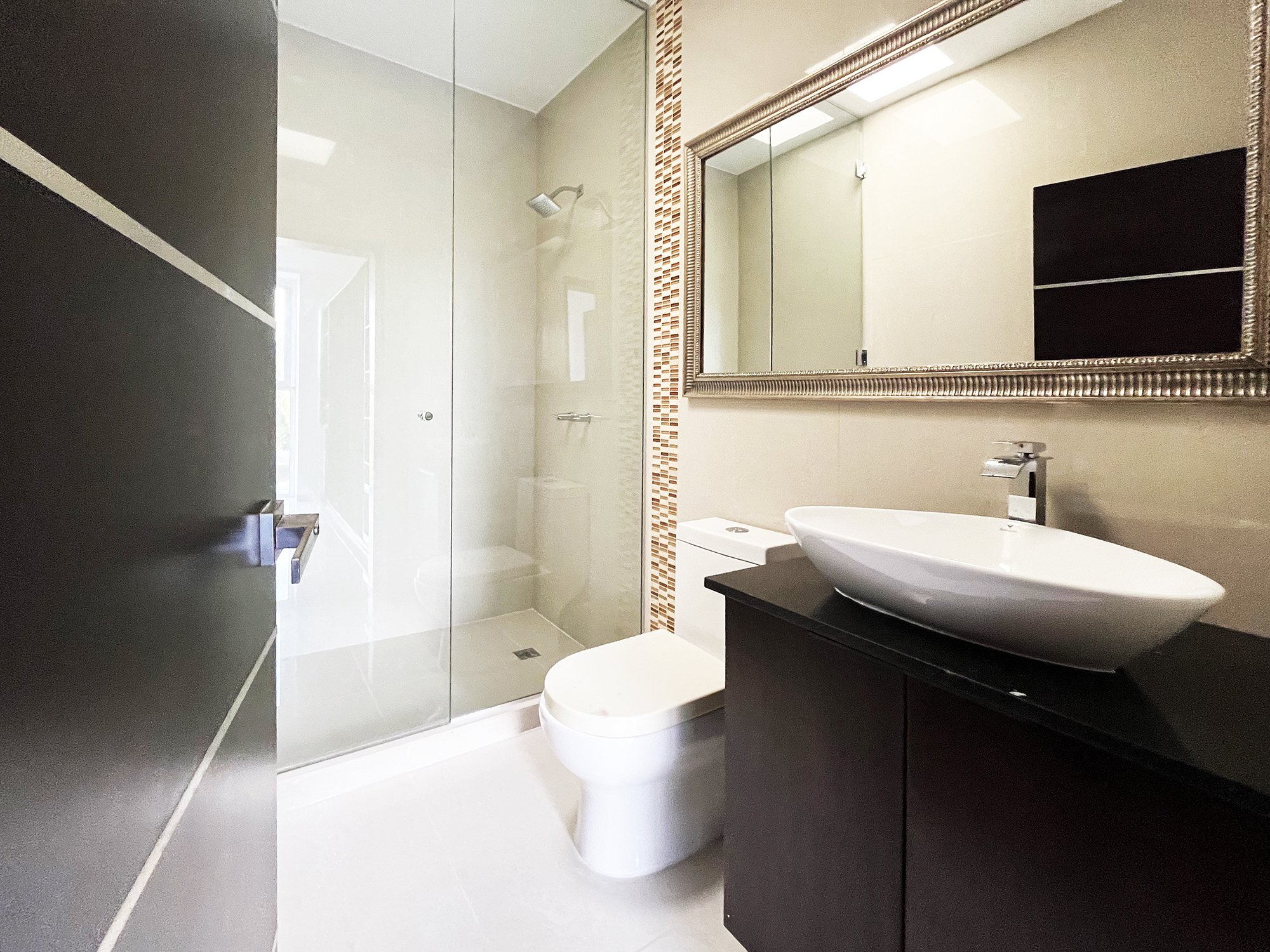 Modern bathroom with glass shower, white toilet, vessel sink on dark vanity, and large mirror.