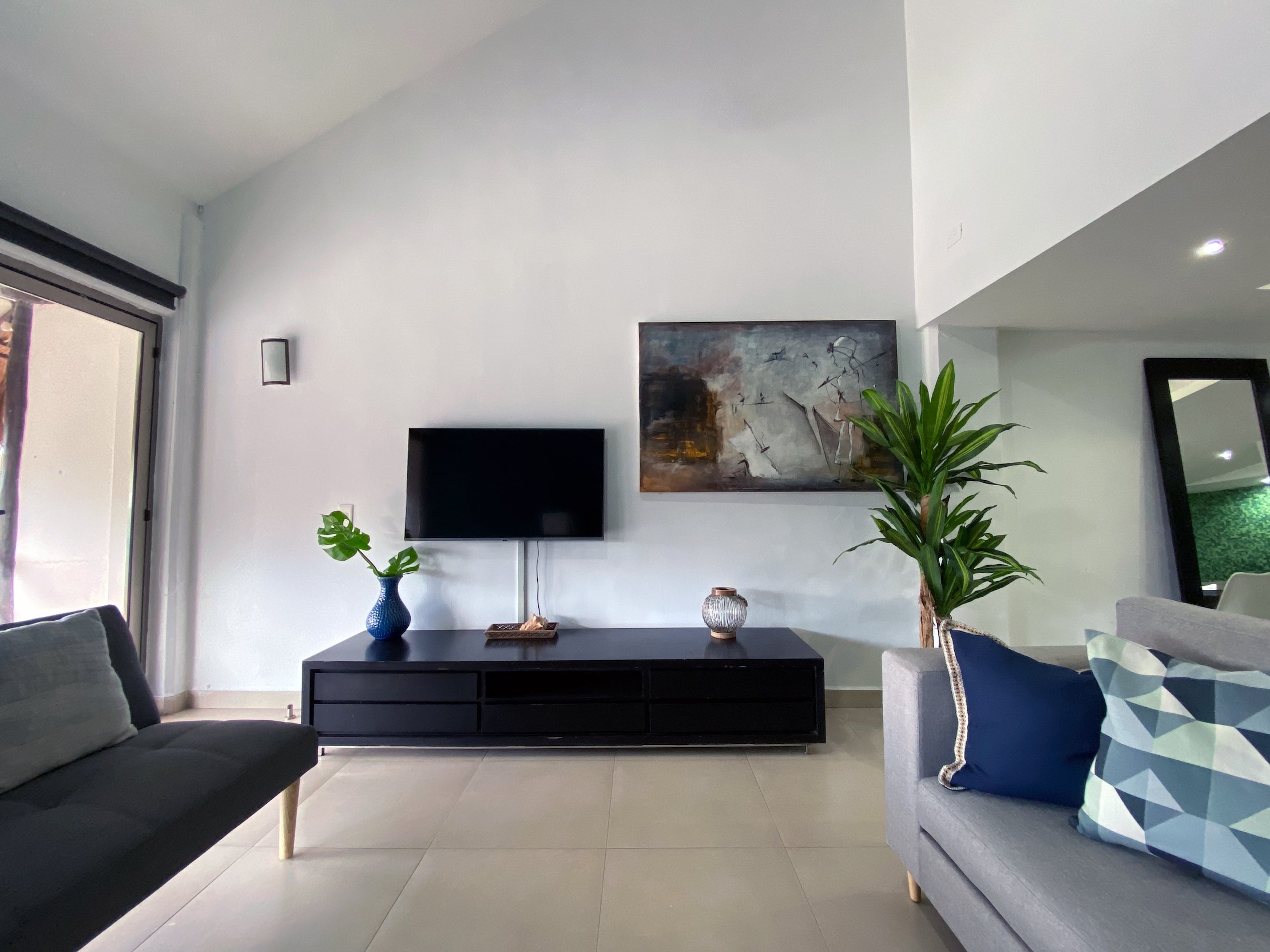 Modern living room with a minimalist design, featuring a mounted television, abstract artwork, black TV stand, blue vase with leaves, potted plant, and a gray couch with decorative pillows. A large window with a blind is partially visible on the left