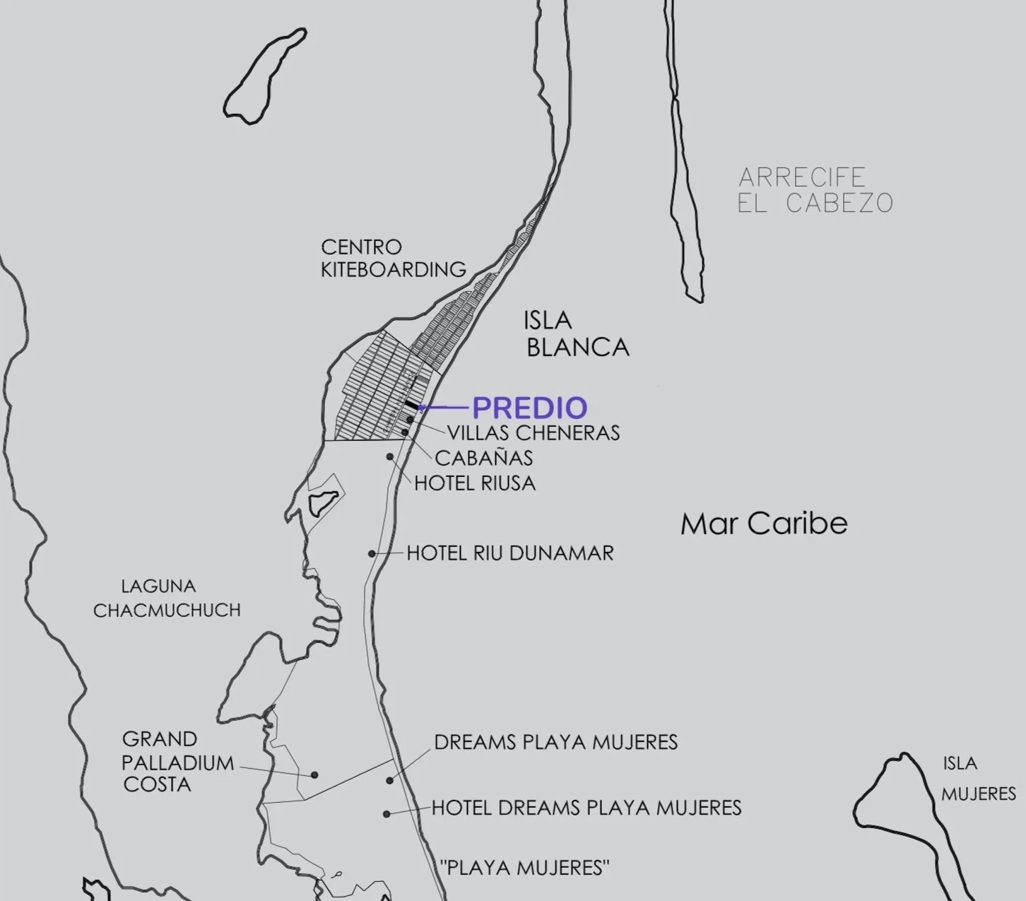 Map of Isla Blanca and nearby resorts and landmarks in Cancun, Mexico, including Predio marked in purple, Villas Cheneras, Cabañas, Hotel Riusa, Hotel Riu Dunamar, Laguna Chacmucuch, Grand Palladium Costa, Dreams Playa Mujeres, Playa Mujeres, and Isla Mujeres, with Atlantic Ocean on the right.