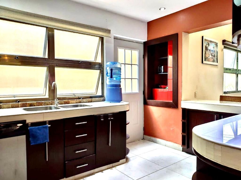 Modern kitchen interior with dark cabinets, large windows, sink, water dispenser, and orange accent wall.