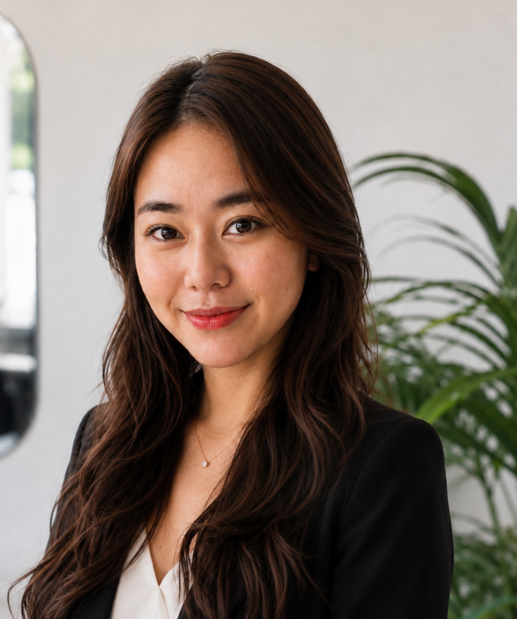 A woman with long, wavy brown hair smiling softly, wearing a black blazer and a white top, standing indoors near a plant.