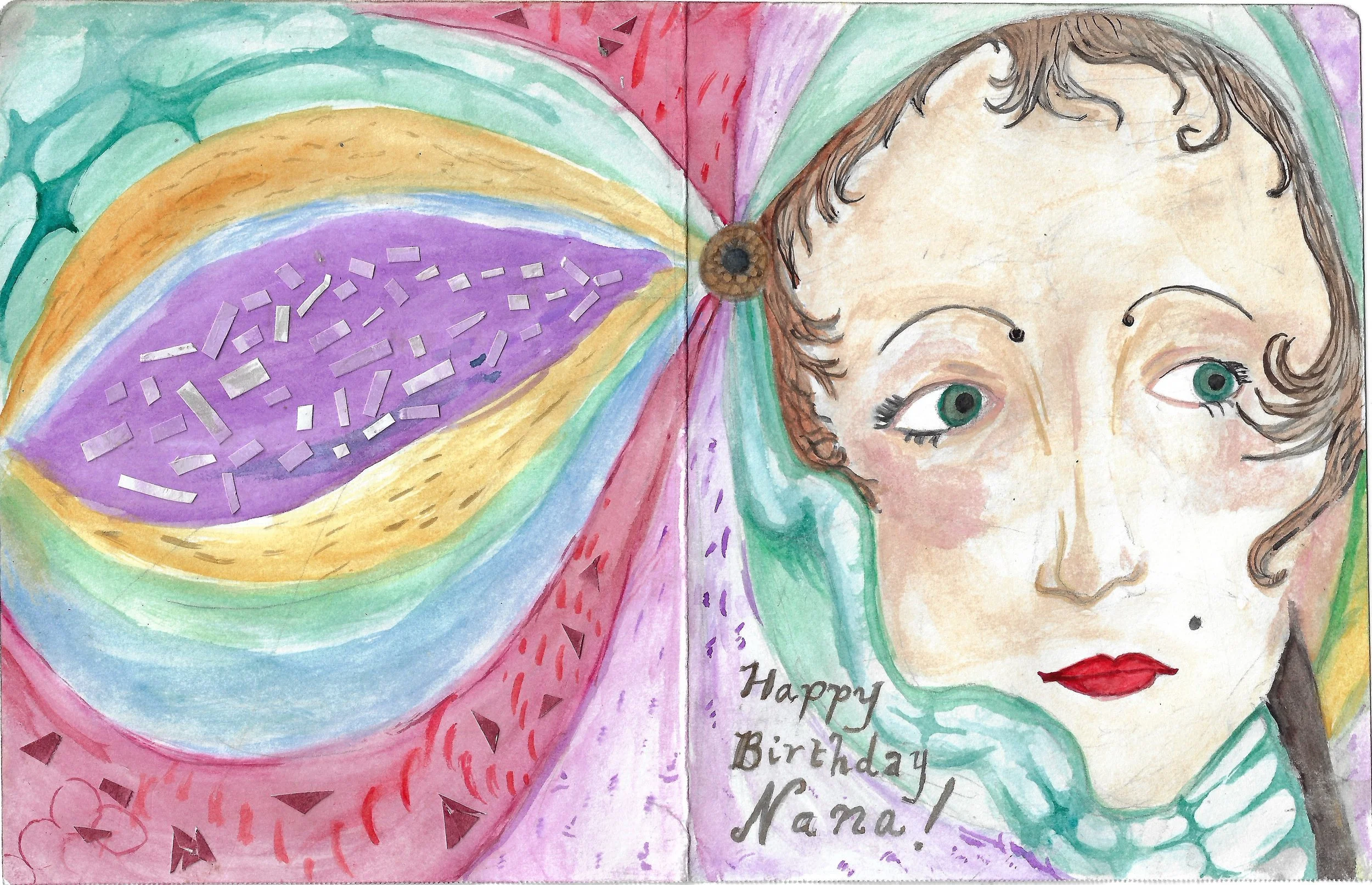 Birthday Card for Nana,
2026,
Watercolor and cut paper
