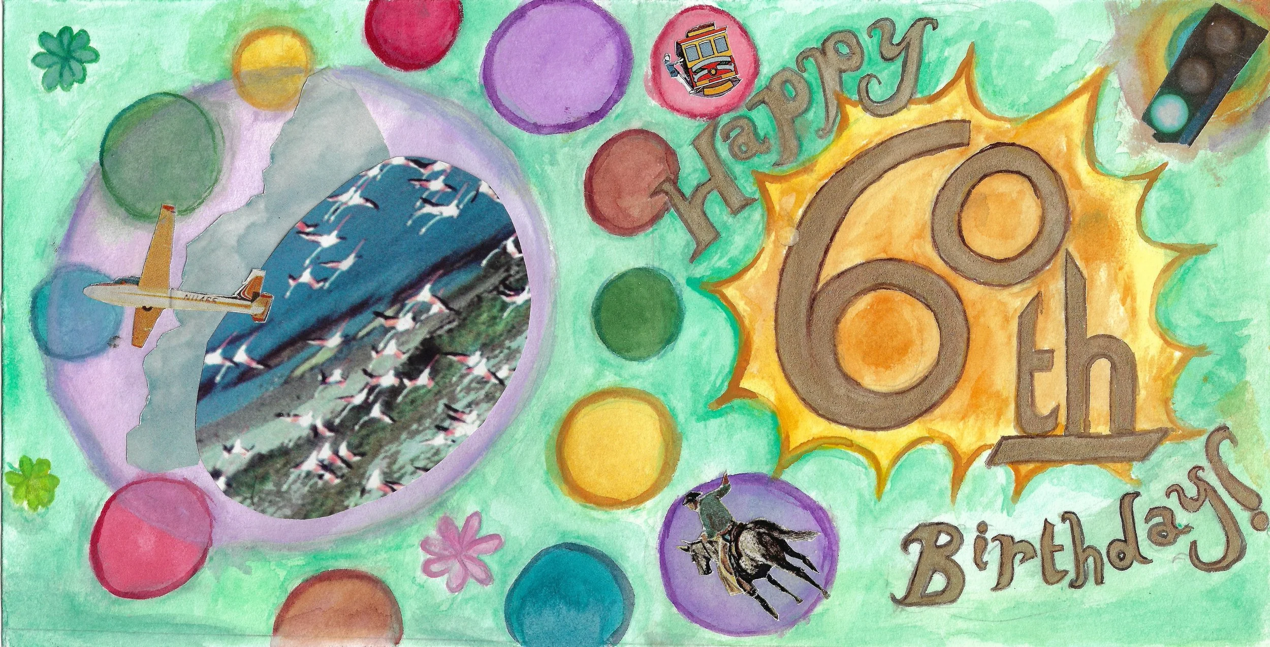 60th Birthday Card, 
2026,
Watercolor and magazine clippings