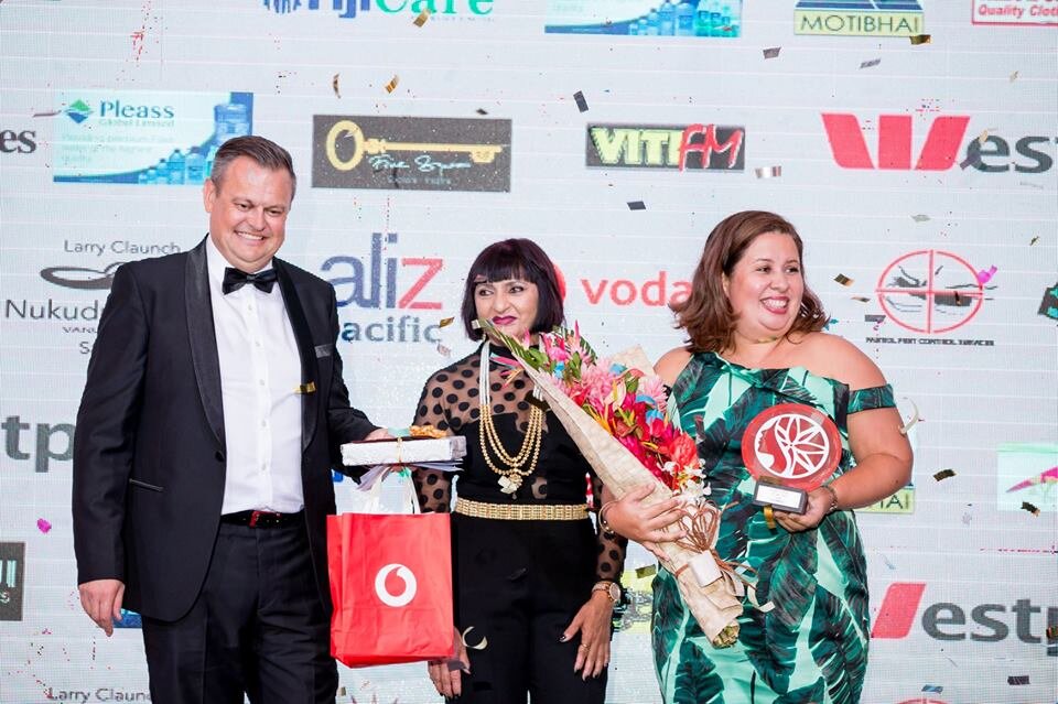 Kim winning the 2018 Fiji Woman in Business Awrad