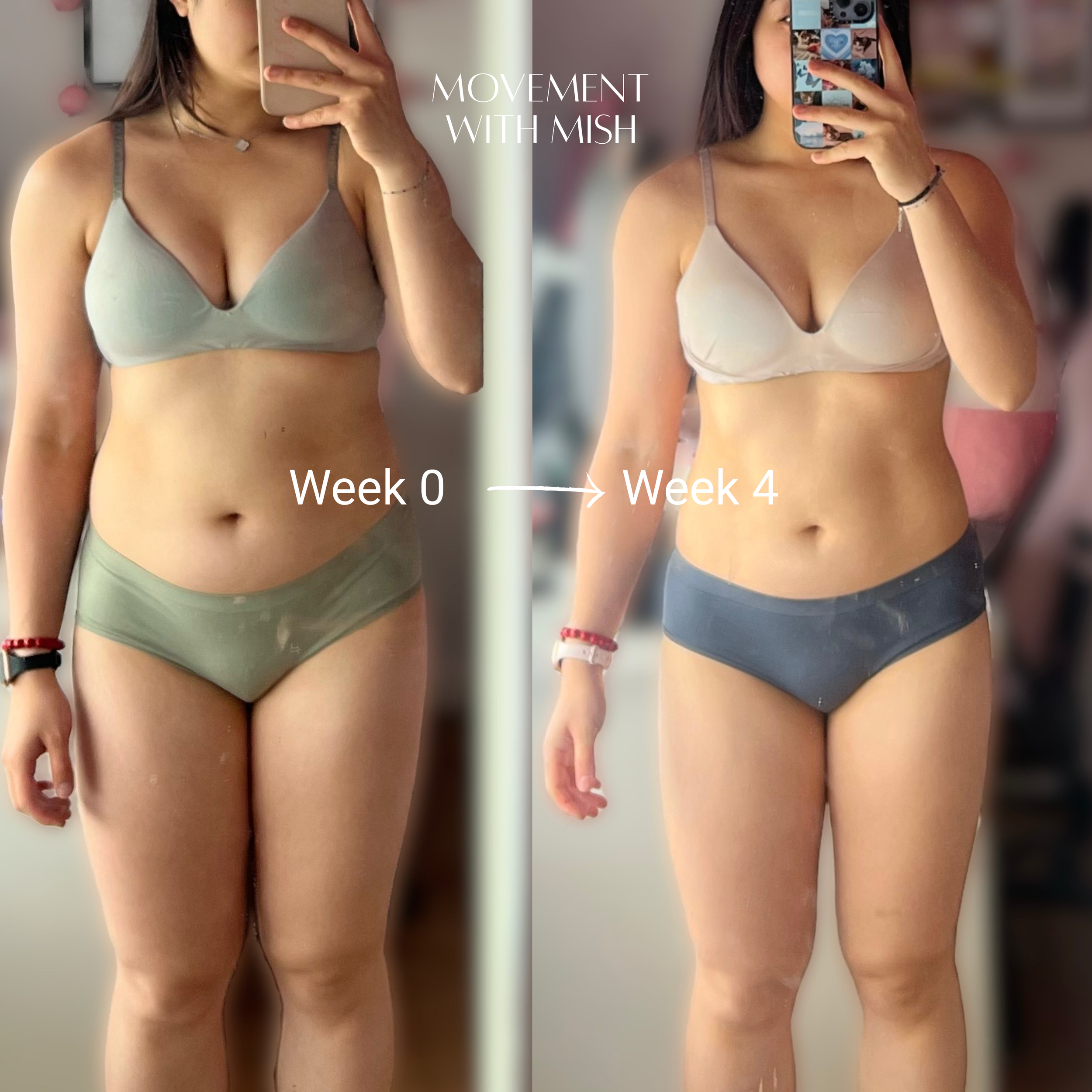 Side-by-side comparison of a woman; left side labeled 'Week 0' showing her in black workout shorts and a black sports bra; right side labeled 'Week 6' showing her in pink workout shorts and a white sports bra, both at the same location with gray wall