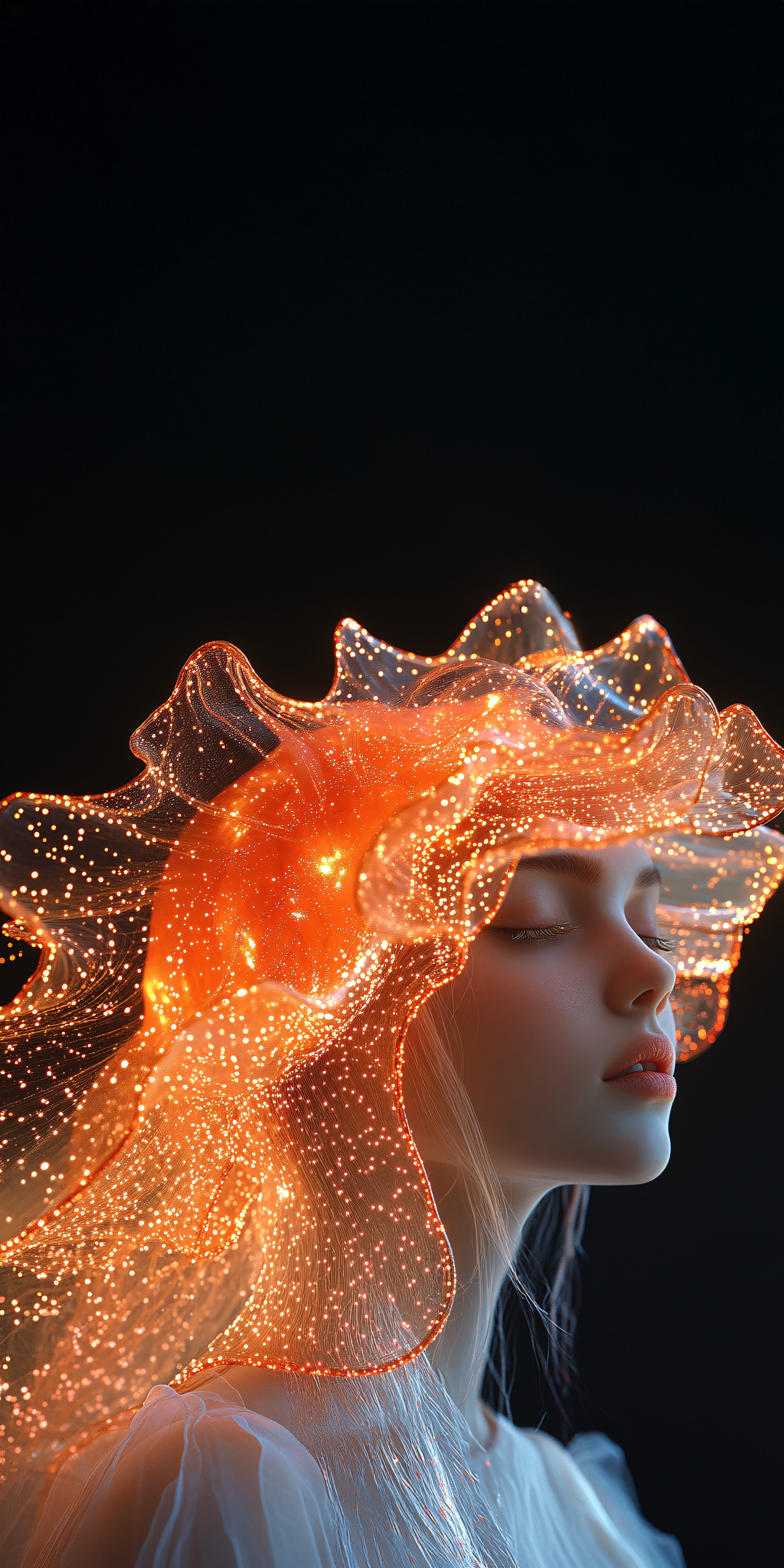 一个女孩戴着一顶橙色的水母形状的帽子,星星照在她的脸上,一件白色连衣裙,周围有发光的灯光,在黑色背景上,以超现实的摄影风格,带有浅红色和黄色的色调,神秘的光环.jpeg