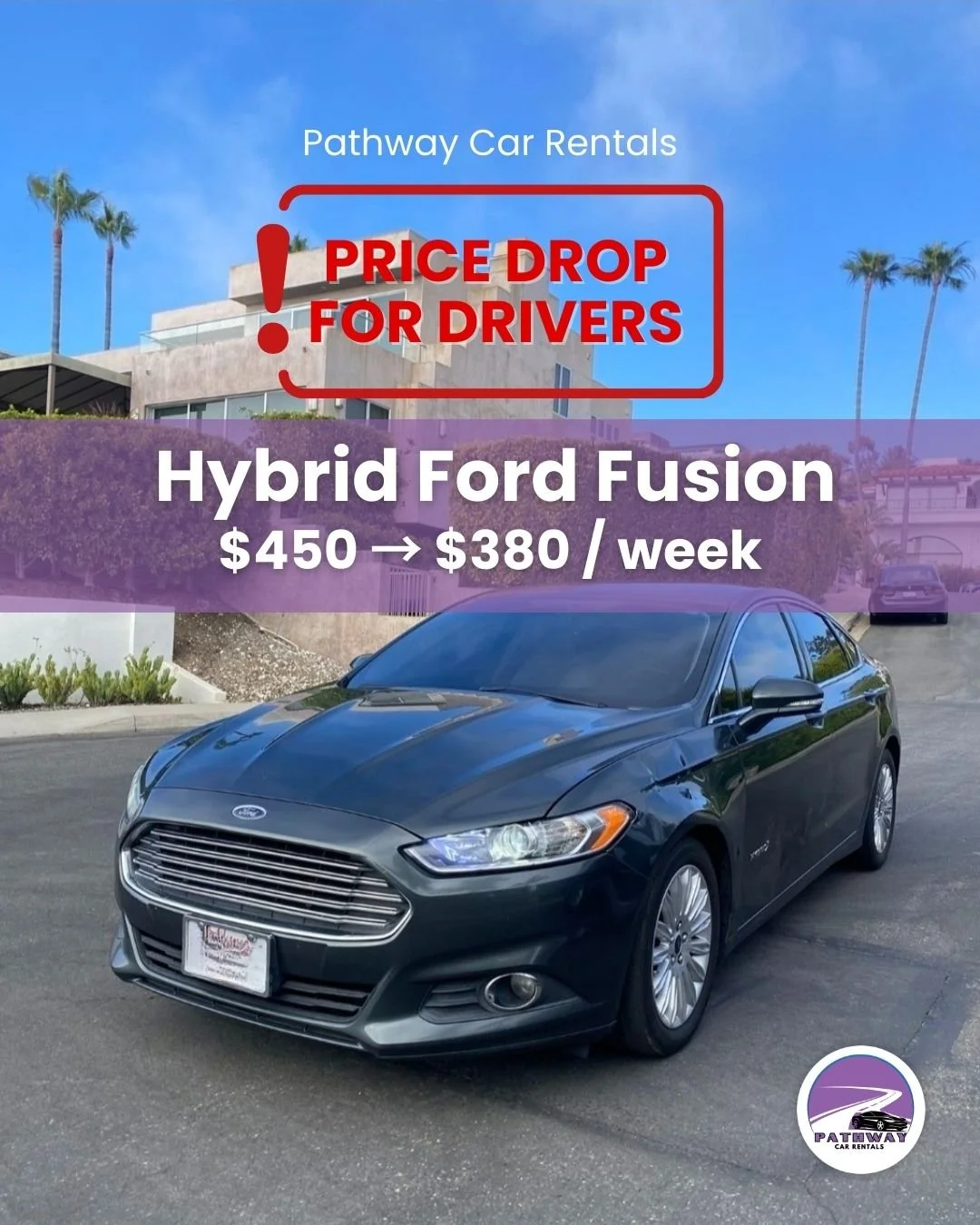 𝐋𝐈𝐌𝐈𝐓𝐄𝐃 𝐓𝐈𝐌𝐄 𝐏𝐑𝐈𝐂𝐄 𝐃𝐑𝐎𝐏
Hybrid Ford Fusion now $380/week
(Regularly $450/week)

If you&rsquo;ve been waiting to switch to a hybrid, now&rsquo;s your chance.
Same-day or next-day pickup when available.

Message us before they&rsquo