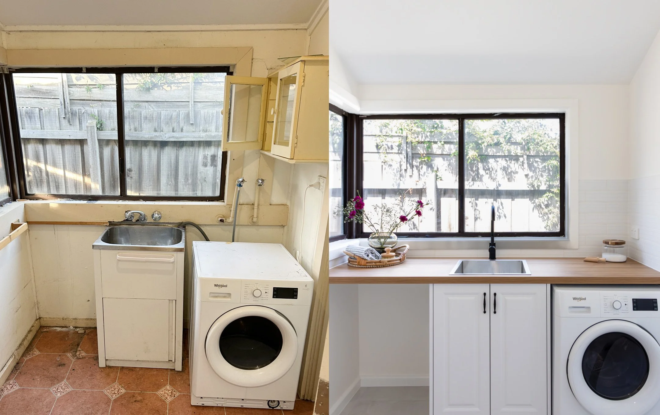 Laundry renovation before and after comparison showing complete transformation Melbourne.