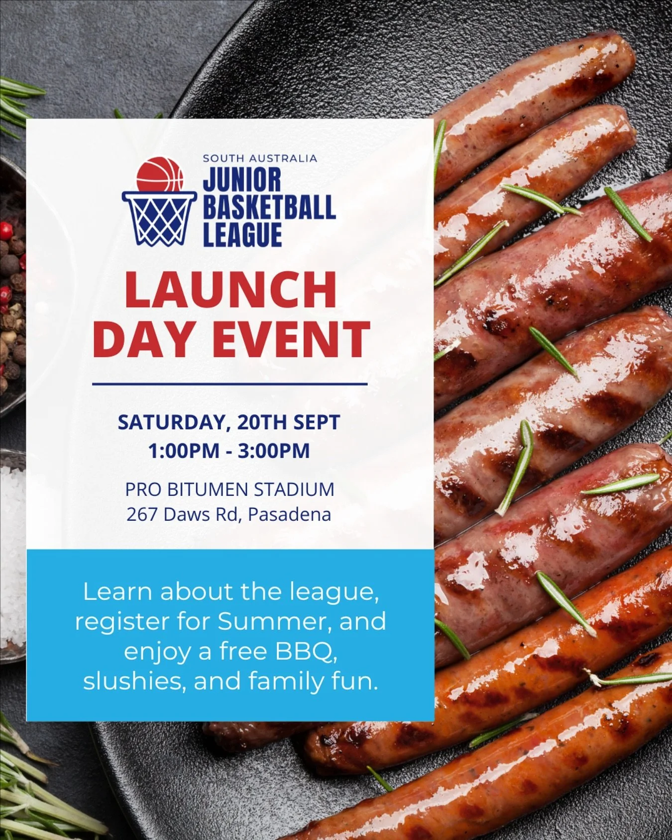 Join us for the official SAJBL Launch Day this Saturday 20th September from 1–3pm at Pro Bitumen Stadium.
Join us for an afternoon of basketball, fun, and community. Come along, meet the SAJBL team, and find out everything you need to know abo