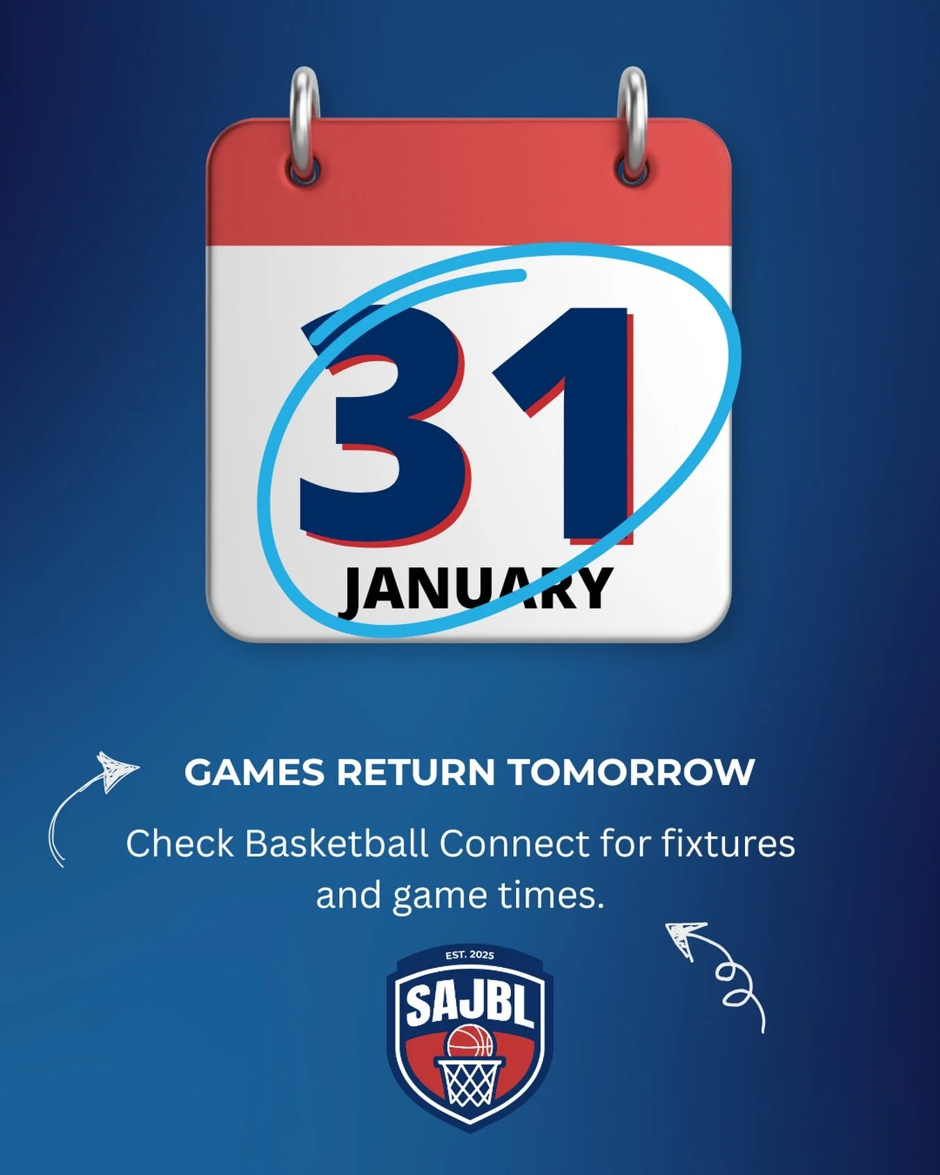 Welcome back to the second half of the SAJBL summer season!
We&rsquo;re fired up to see all teams back on the court as games tip off tomorrow, 31st January.

Make sure you&rsquo;ve checked Basketball Connect for your latest fixtures and game times. Y