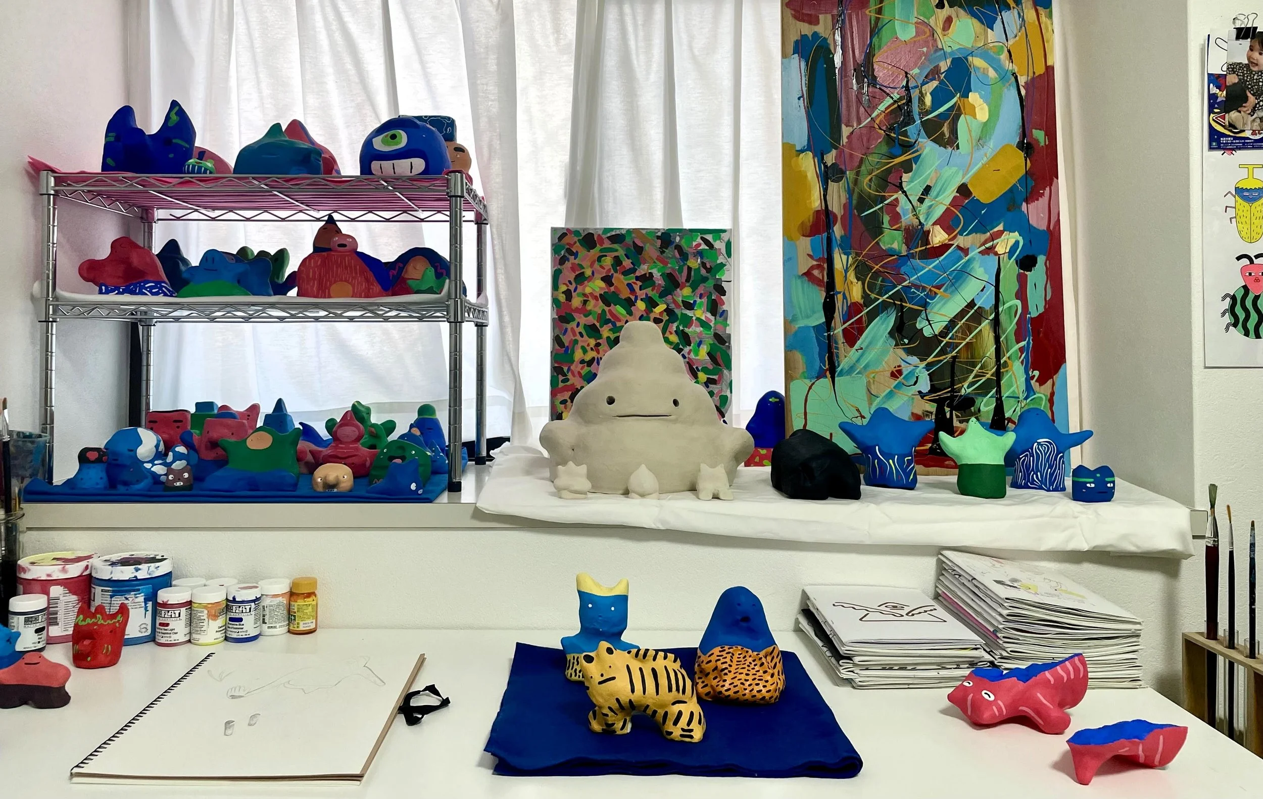 An image of American artist Chris Romero's studio from 2026 in Fukuoka.