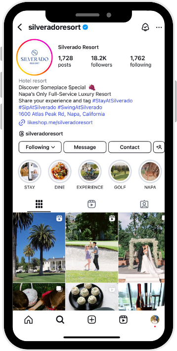 San Francisco Bay Area corporate event and headshot photographers and videographers. Instagram profile page for Silverado Resort featuring images of palm trees, people walking.