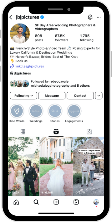 Instagram profile page of jbjpictures, a wedding photographer in the San Francisco Bay Area, showcasing their profile picture, follower and post count, and sample wedding photos including a bride and groom, and a couple posing with an overlay text about perfect couple poses.