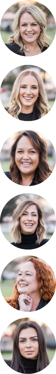 Six women with different hair colors and styles smiling outdoors in a park.  San Francisco Bay Area corporate event and headshot photographers and videographers in Palo Alto, San Francisco, Menlo Park, Sunnyvale, Mountain View.
