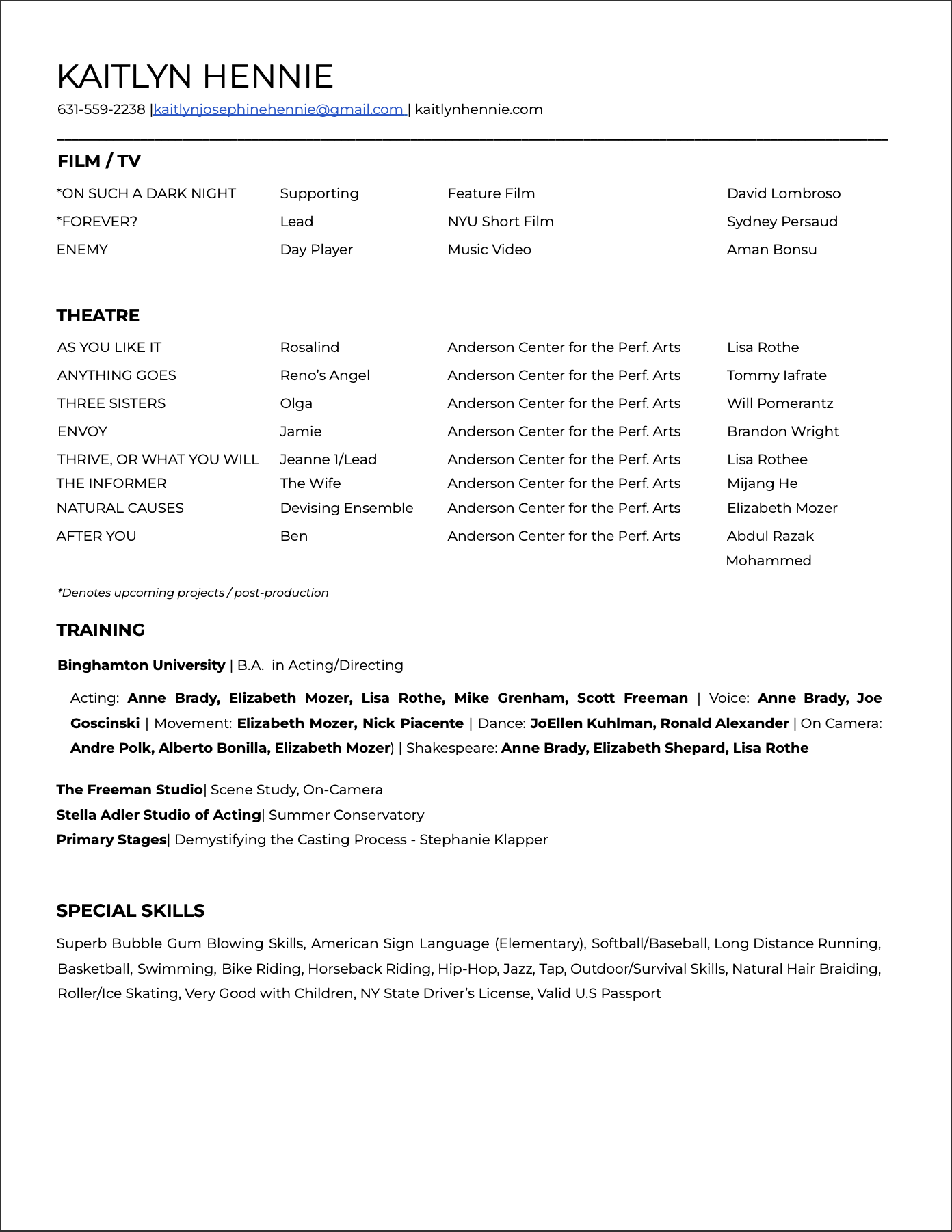A resume or portfolio page for Kaitlyn Hennie, including contact information, a list of her film, television, theatre, training, special skills, and production credits, all organized in a clean, professional layout.