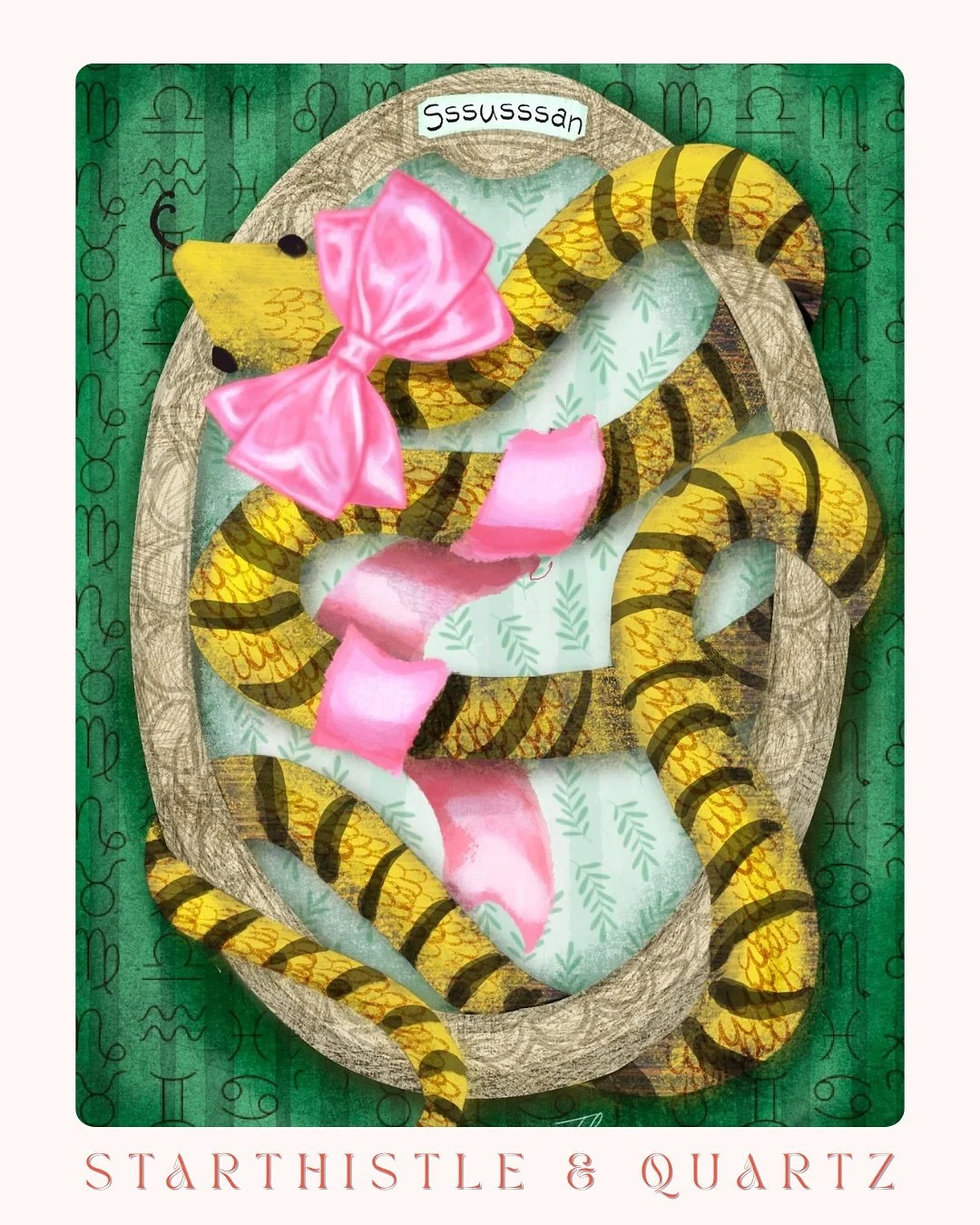 Meet Sssusssan- she&rsquo;s a gal who knows how to accessorize. &ldquo;Reptiles + Ribbons&rdquo; for #scaryandsweet2025 

(G)hosted by:
@roymeister 
@heathermuellerdesign @heyalissandra @jenprocreates @jessmillerdraws 

#snakes #ribbons #silly #victo