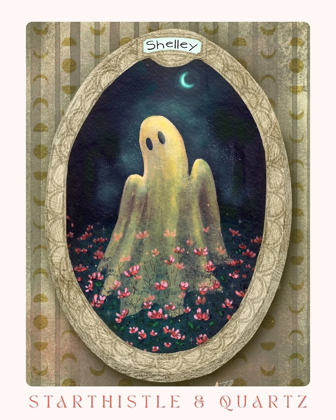 Meet Shelley. She&rsquo;s helping me with days 10-12 of #scaryandsweet2025 &ldquo;ghosts and gardens&rdquo;. I am repurposing a painting I made earlier this year from my Tarot Tea Towel Collection. 
There&rsquo;s a bit of a funny story behind the nam