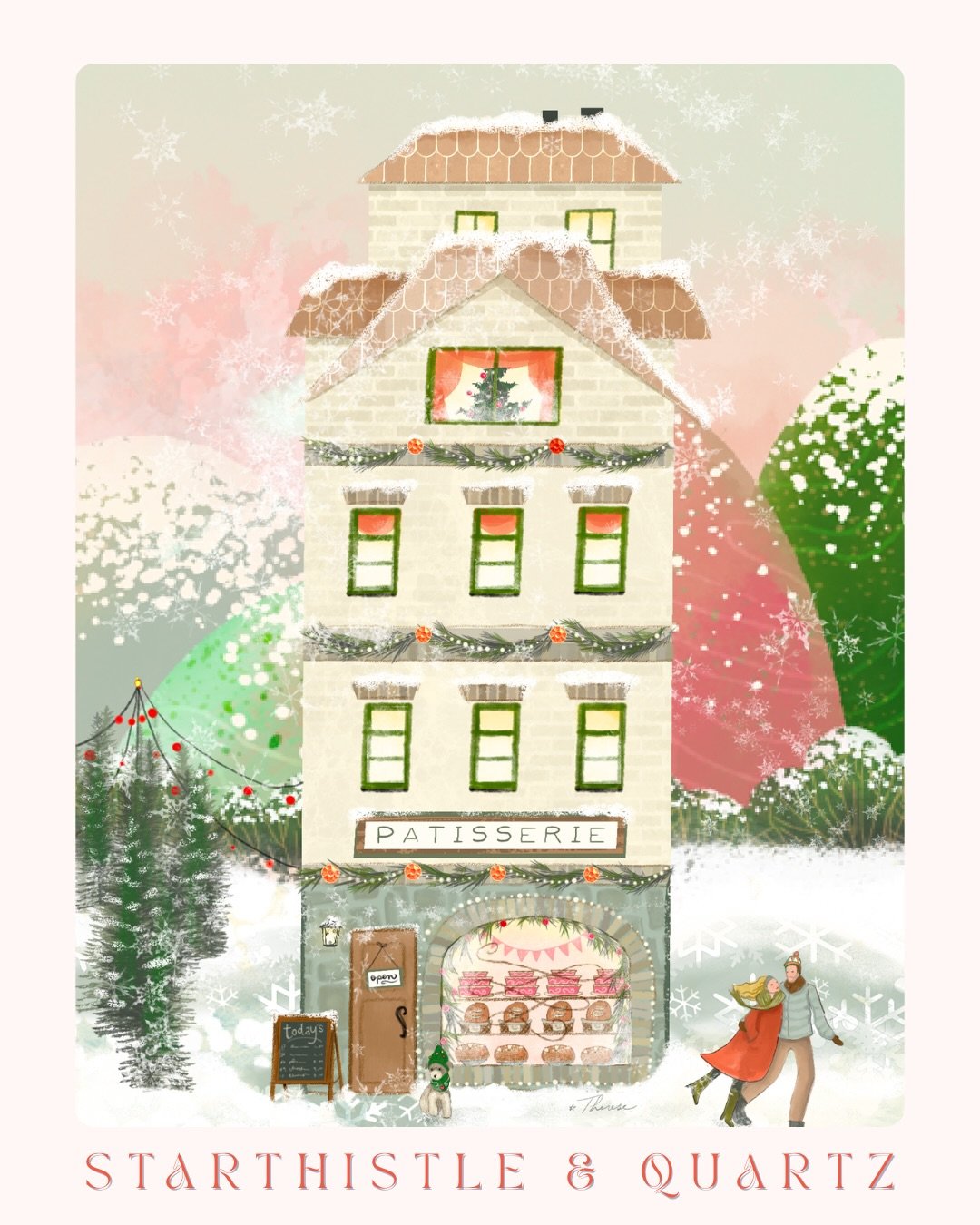 Welcome to the Blissful Bakery, part of my #tinseltown2025 village. 🎄 
According to my husband the couple forgot their dog at the bakery. 😂 Bur I assured him the owner is inside the bakery getting a croissant and dog treat for their very patient an